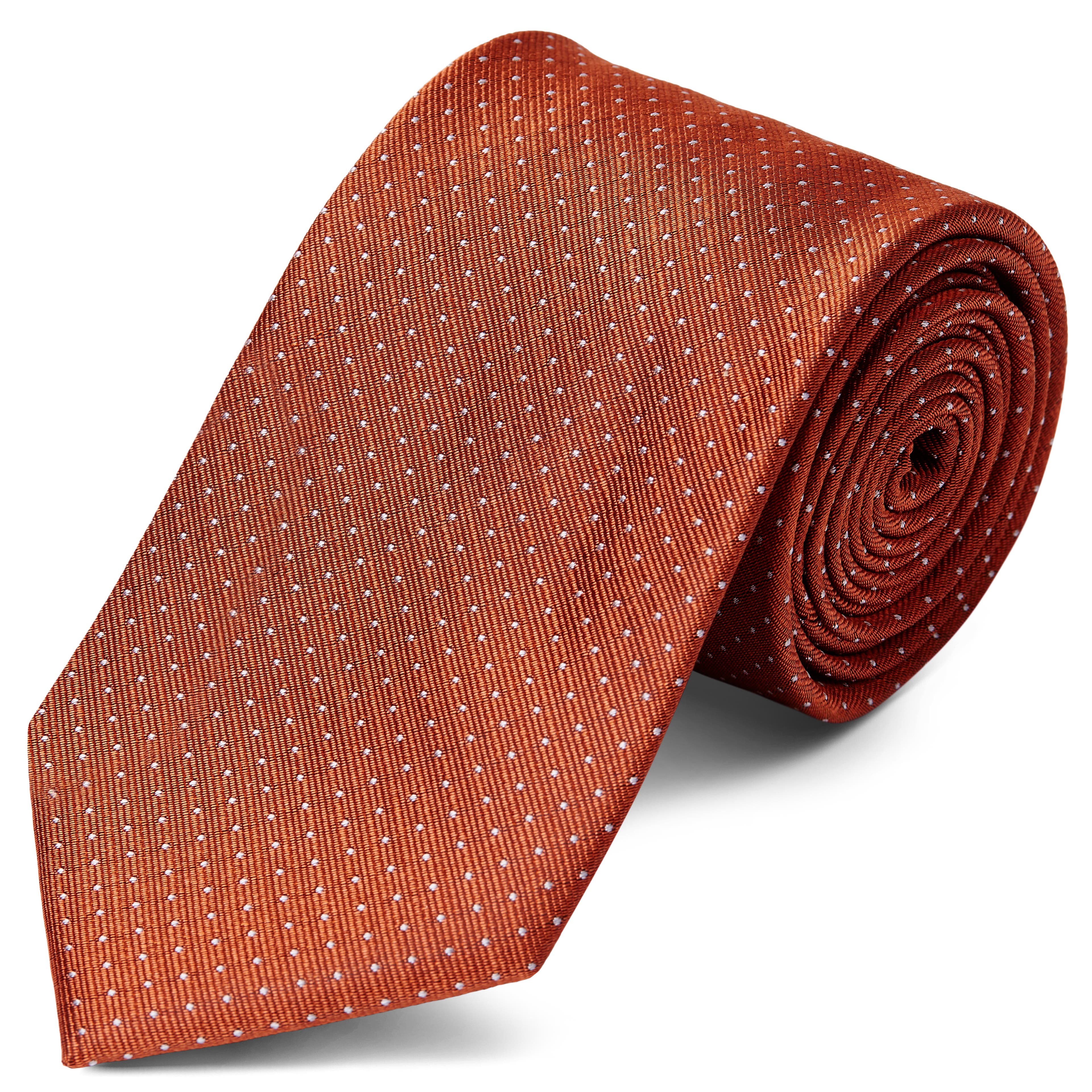 Hodvábna 8 cm leštená hnedá kravata s bielymi bodkami