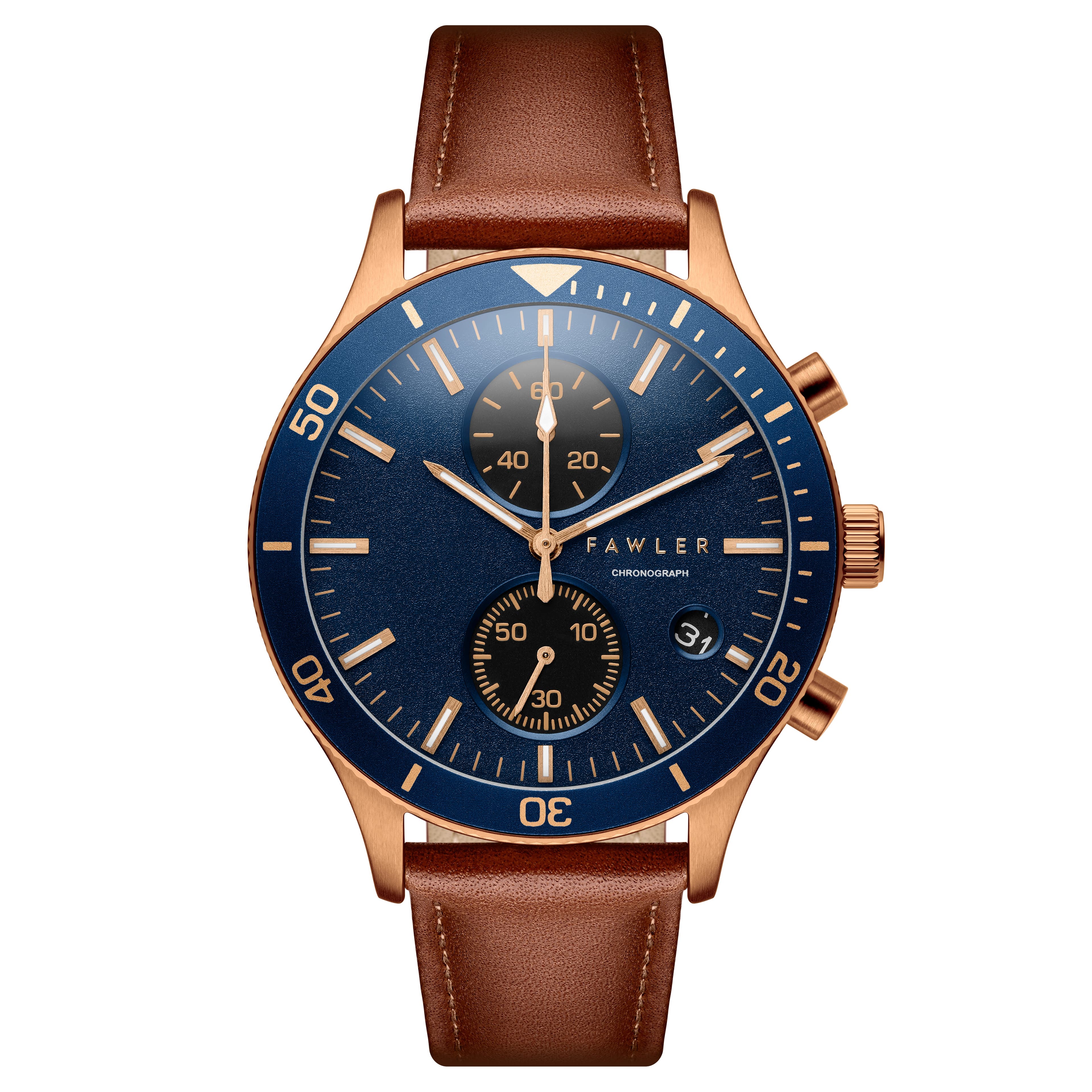 Aeris | Brown Brass Chronograph Watch with Blue Dial