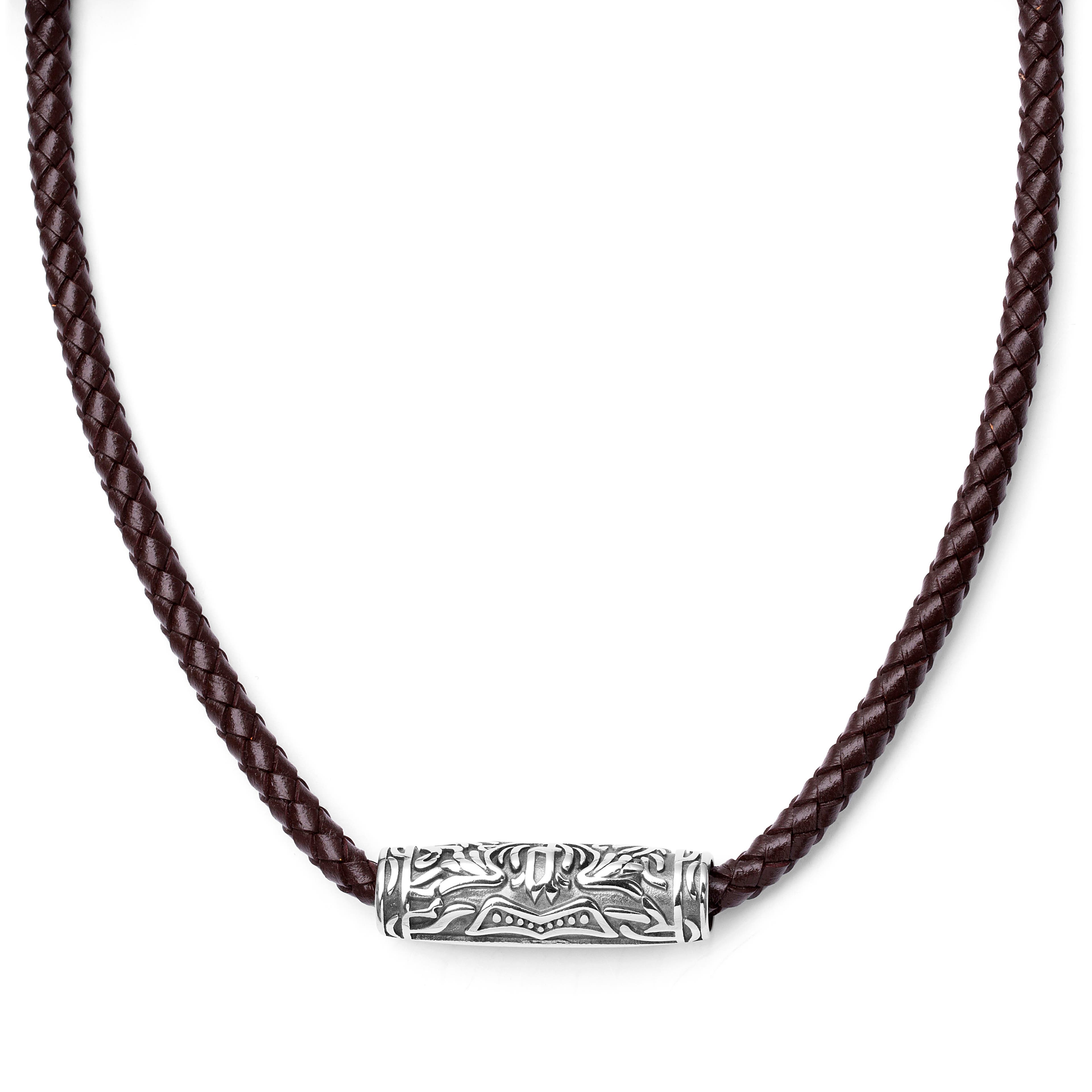 Hnedý kožený náhrdelník Rune s príveskom v tvare valca 