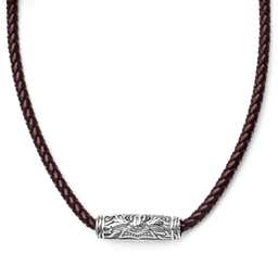 Brown Leather With Silver-Tone Stainless Steel Rune Barrel Necklace
