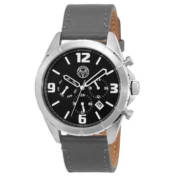 Alton | Silver-Tone Chronograph Watch With Black Dial & Dark Grey Leather Strap