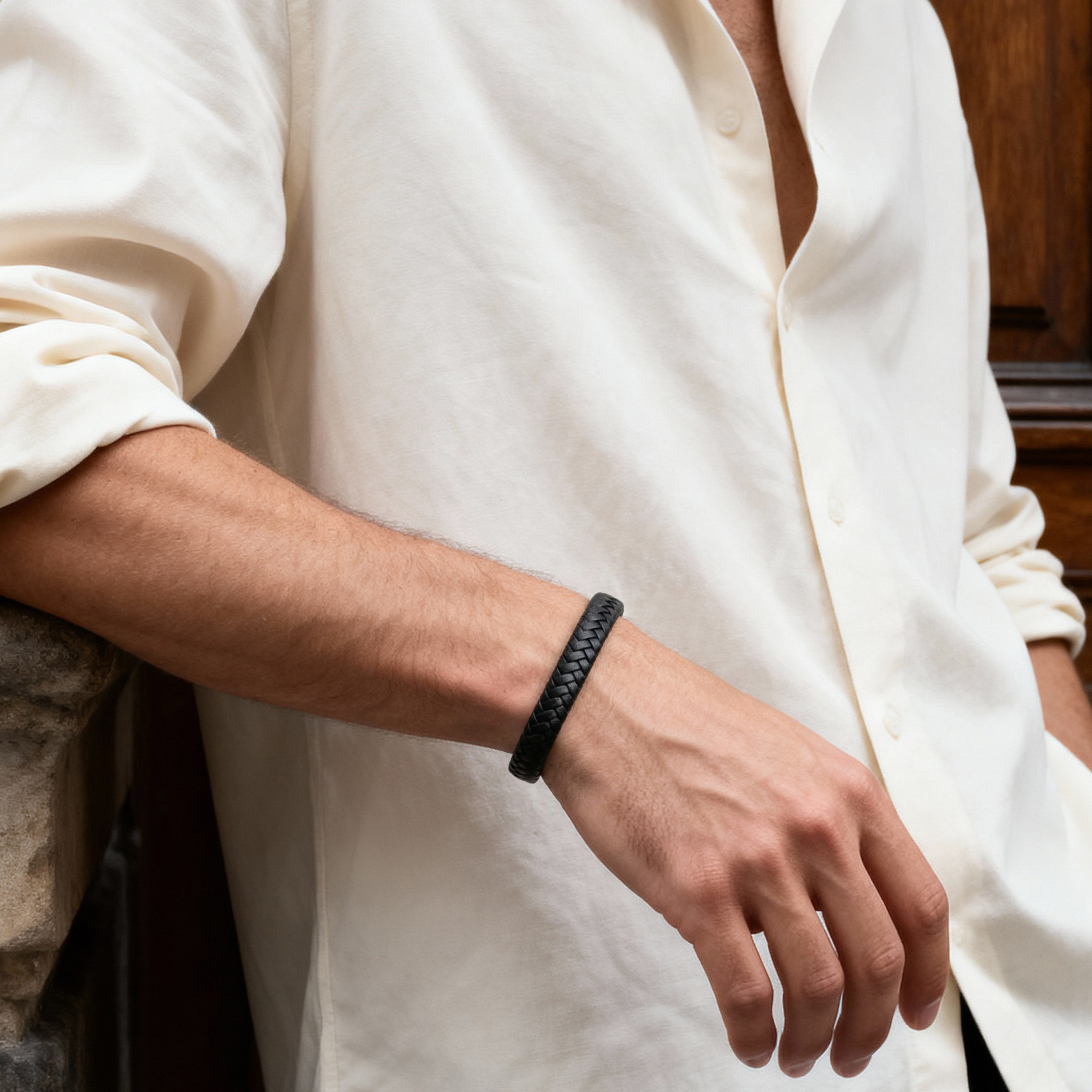 Μαύρο Πλεκτό Δερμάτινο Βραχιόλι - 2