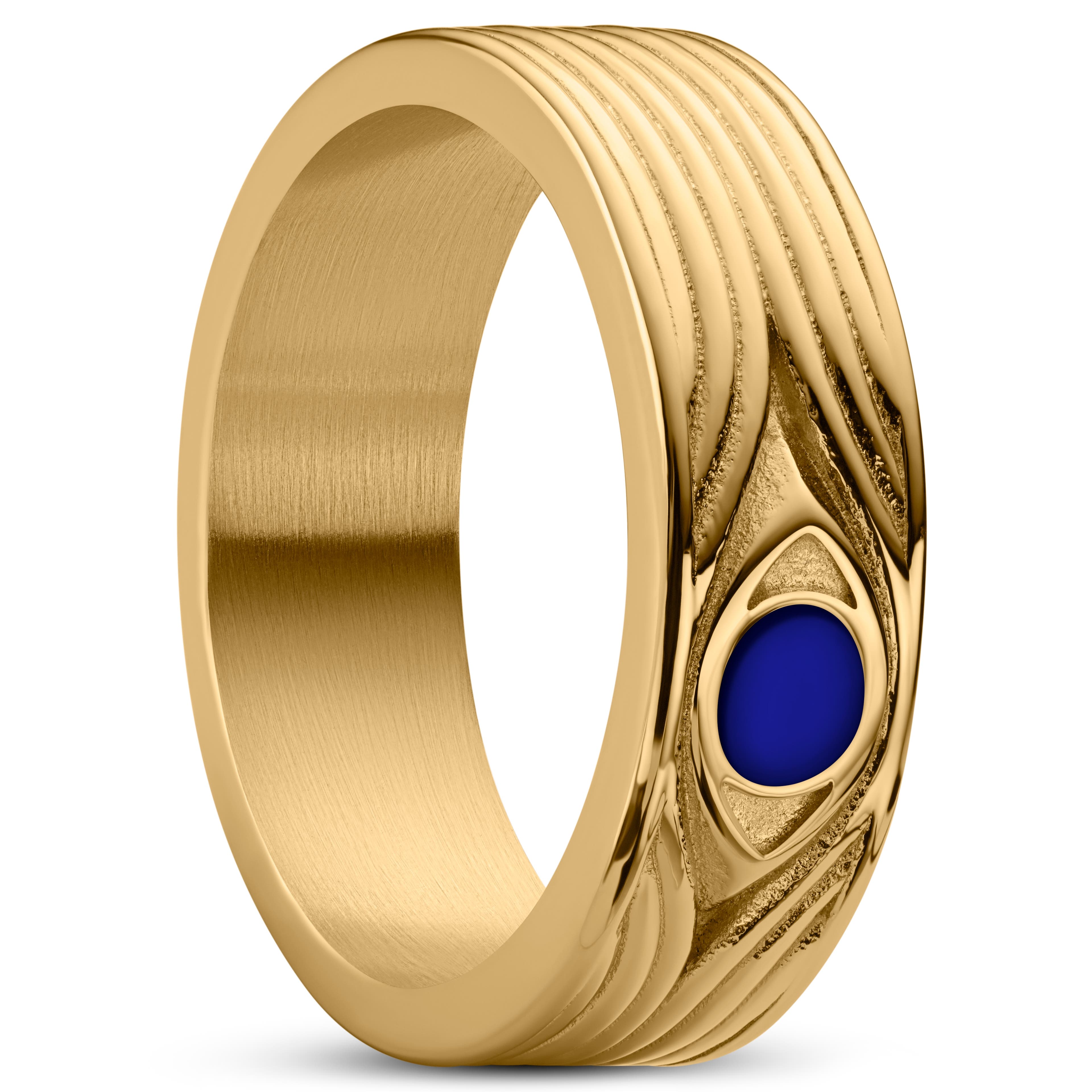 Evil Eye | 7 mm Χρυσαφί Ατσάλινο Δαχτυλίδι Βέρα με Σκούρο Μπλε Ματάκι