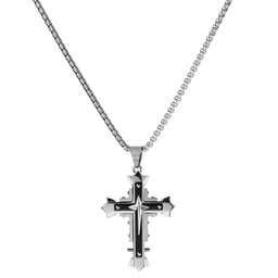 Silver-Tone & Black Stainless Steel Riveted Cross Box Chain Necklace