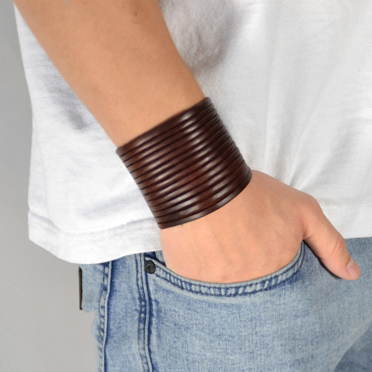 Ruskea Leveä Nahkaranneke  - 3