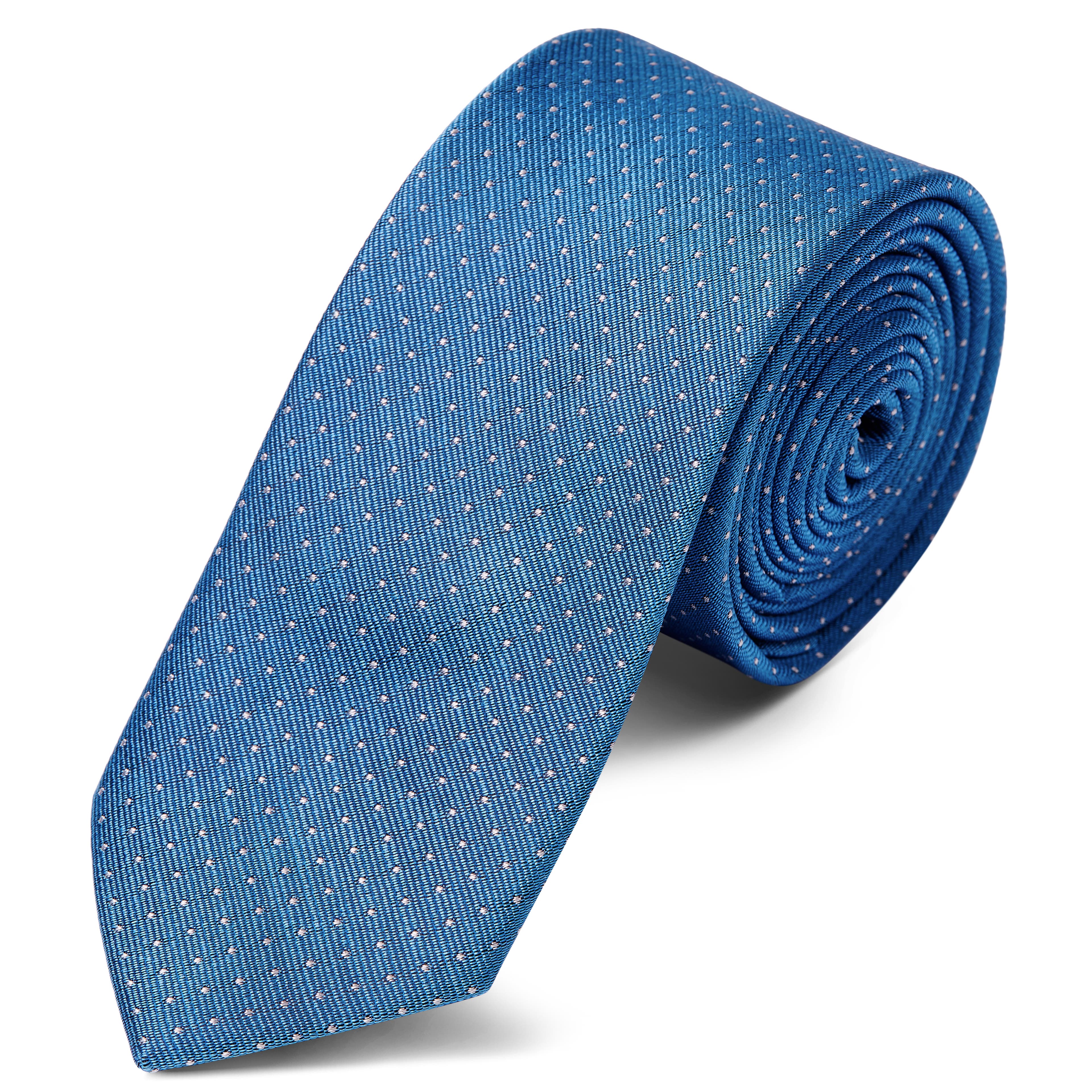 Kék selyem nyakkendő fehér pöttyös mintával - 6 cm