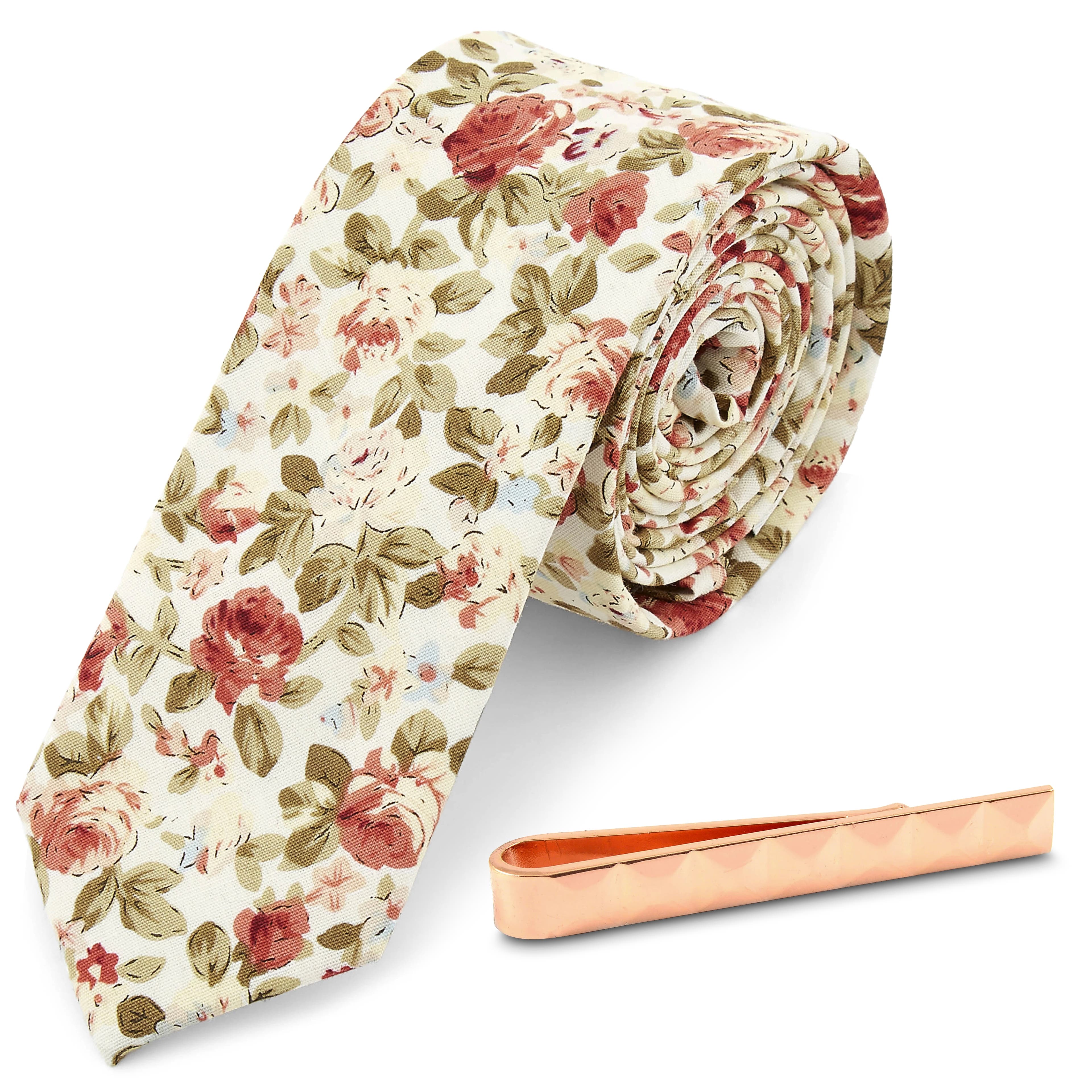Krawatte mit Blumenmuster und kupferfarbener Krawattenklammer Set