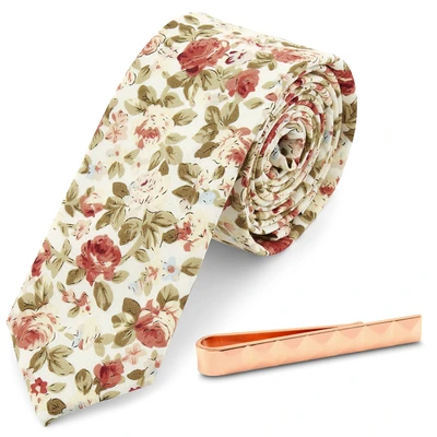 Krawatte mit Blumenmuster und kupferfarbener Krawattenklammer Set Krawatte mit Blumenmuster und kupferfarbener Krawattenklammer Set