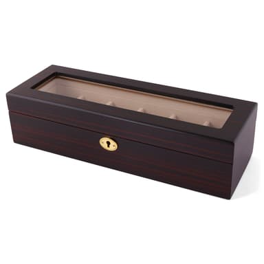 Afsluitbare Ebbenhouten Horlogekast met Goudkleurig Detail - 6 horloges Afsluitbare Ebbenhouten Horlogekast met Goudkleurig Detail - 6 horloges
