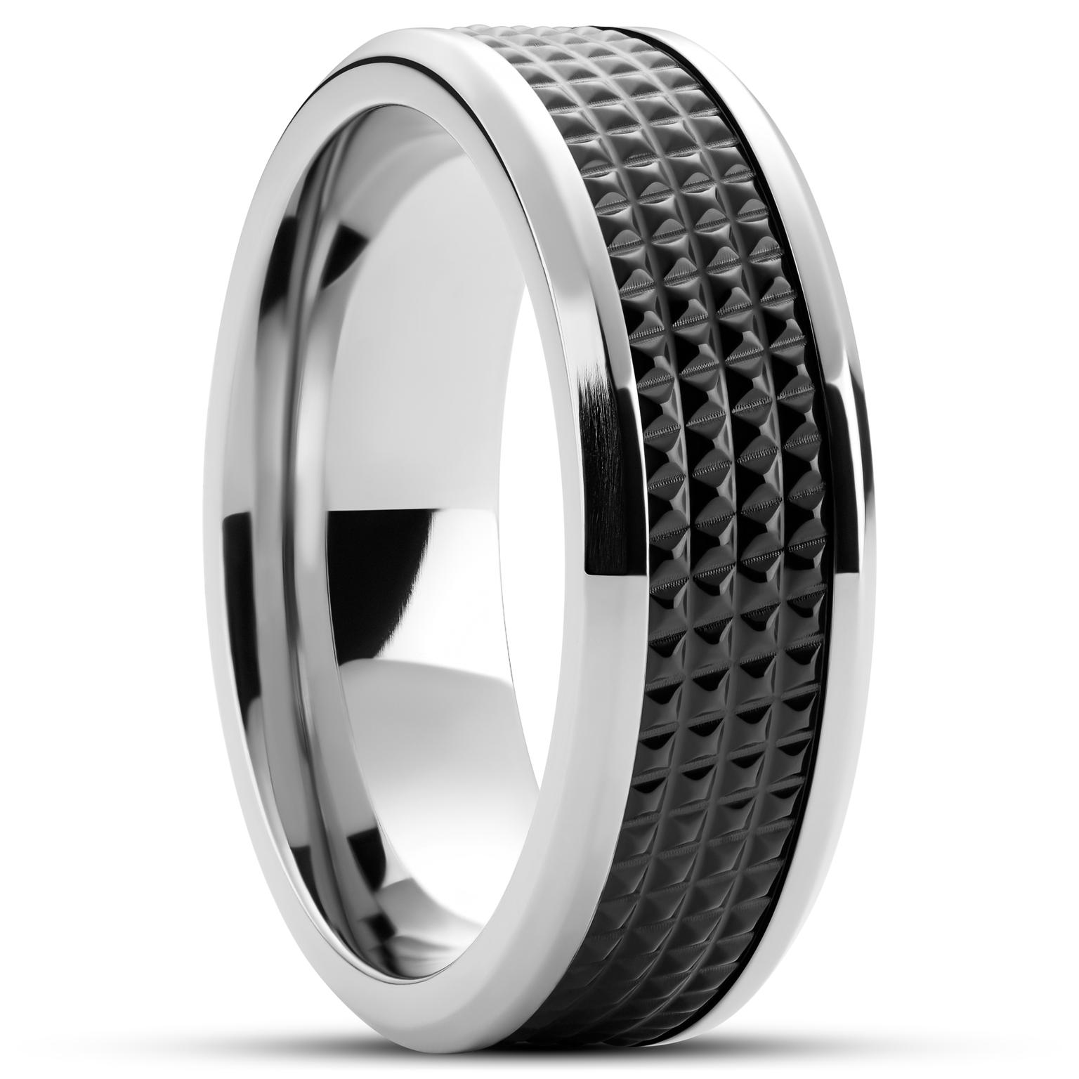 Hyperan | 8 mm 실버 톤 티타늄 링 블랙 다이아몬드 패턴 Hyperan | 8 mm 실버 톤 티타늄 링 블랙 다이아몬드 패턴