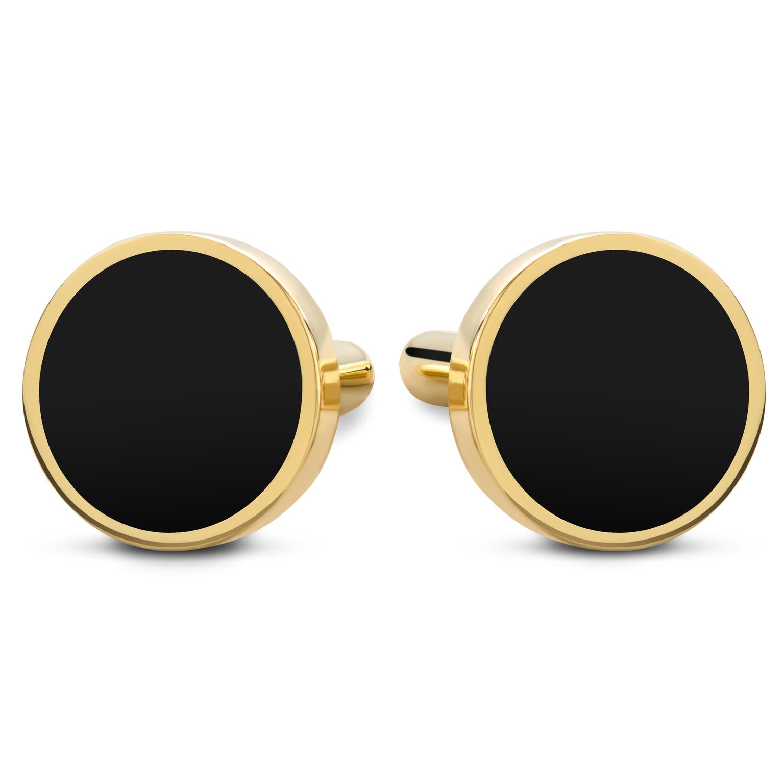 Runde 14K Guldbelagte 925 Sterling Sølv Manchetknapper med Onyx Runde 14K Guldbelagte 925 Sterling Sølv Manchetknapper med Onyx