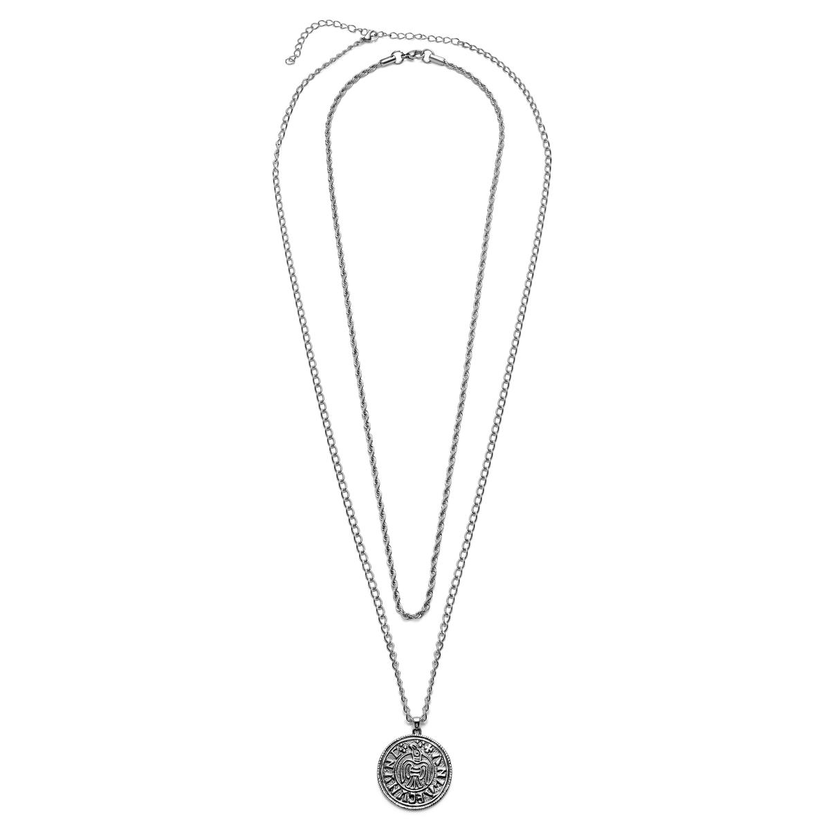 Silver-Tone Stainless Steel Viking Coin & Rope Chain Necklace Layering ...
