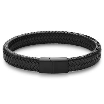 Black Stainless Steel & Faux Leather Braided Bracelet
