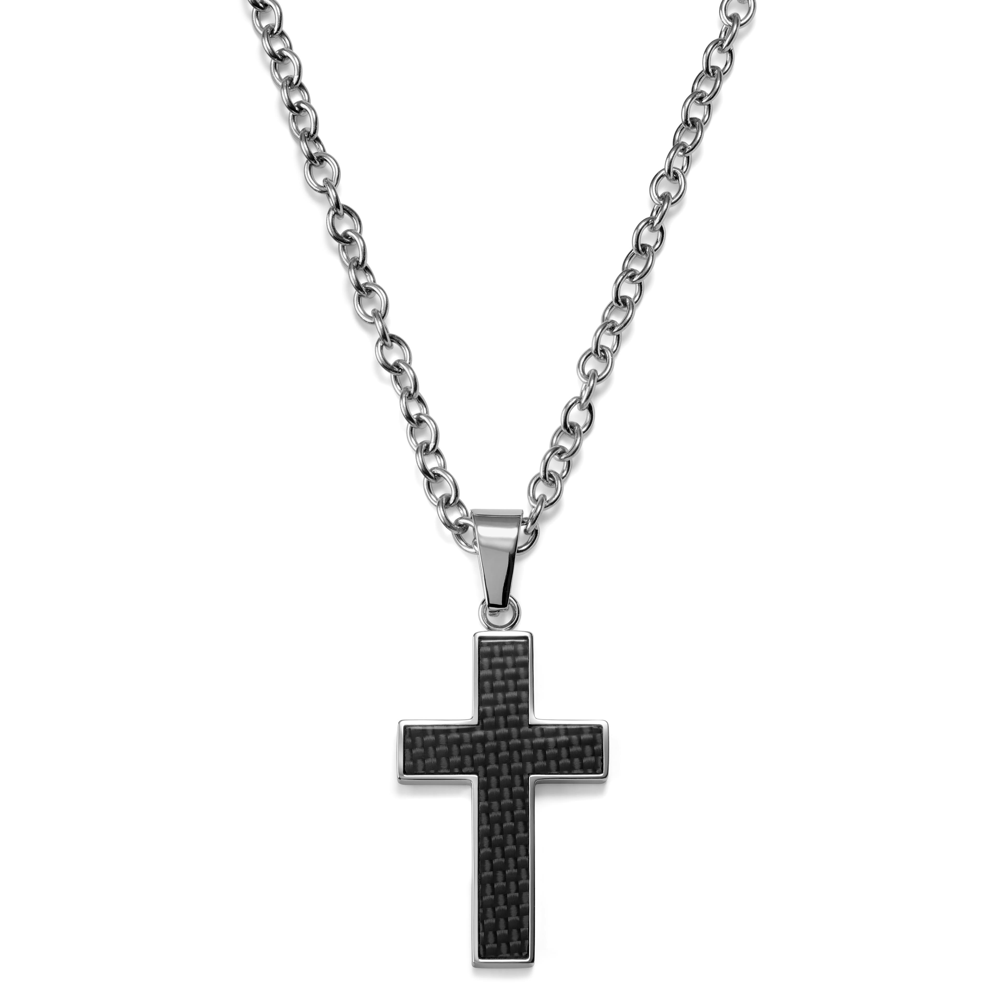 Silver-Tone Stainless Steel & Black Carbon Fibre Inlay Cross Necklace