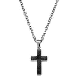 Silver-Tone Stainless Steel & Black Carbon Fibre Inlay Cross Necklace