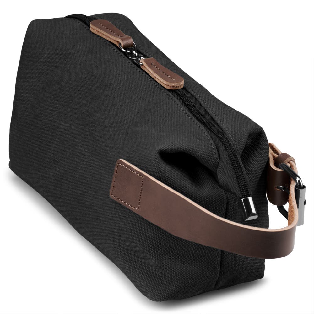 hover: Dark Gray Canvas & Brown Leather Toiletry Bag hover: Dark Gray Canvas & Brown Leather Toiletry Bag