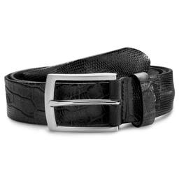 Vincio | Black Full Grain Leather Belt With Gator Print