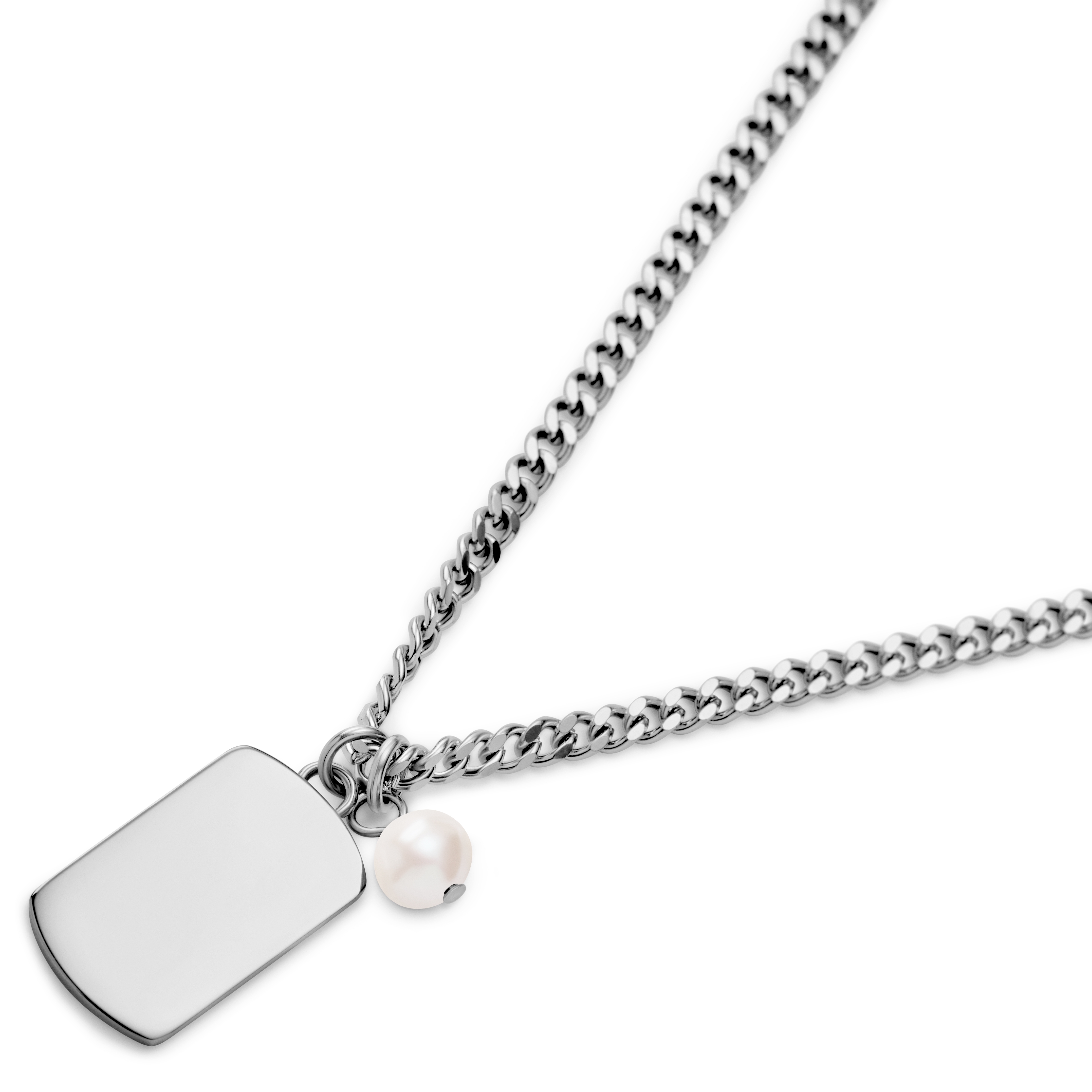 Ocata | Silver-Tone Dog Tag & Pearl Necklace - 2