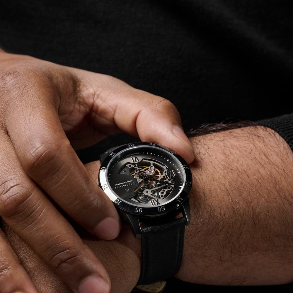 hover: Dante II | Black Stainless Steel Skeleton Watch with Leather Straps hover: Dante II | Black Stainless Steel Skeleton Watch with Leather Straps