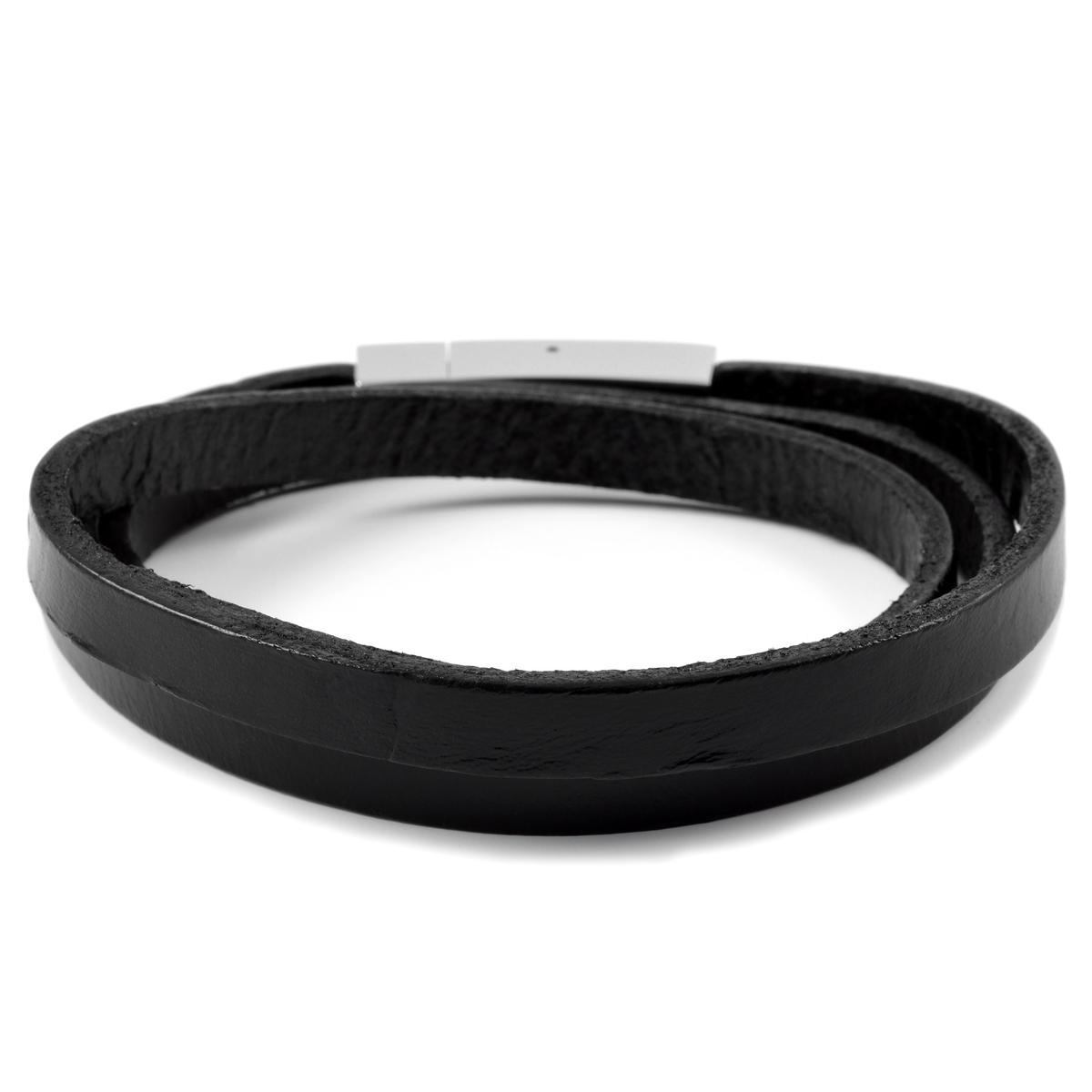 Men's TT Black Leather & Stainless Steel Bangle Bracelet – Silver/Black, Nickel-Free