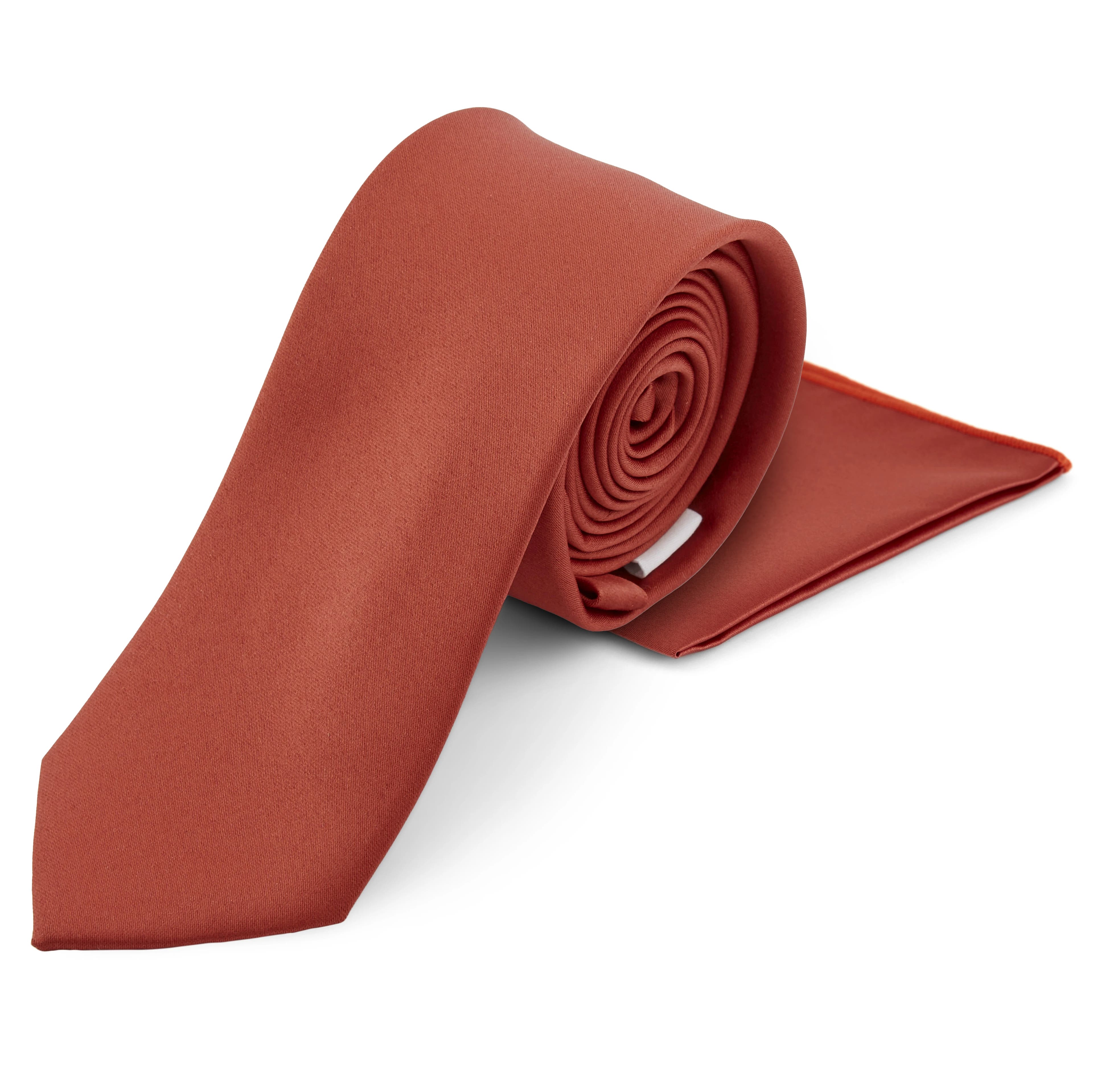 Комплект вратовръзка и кърпичка за сако в цвят теракота
