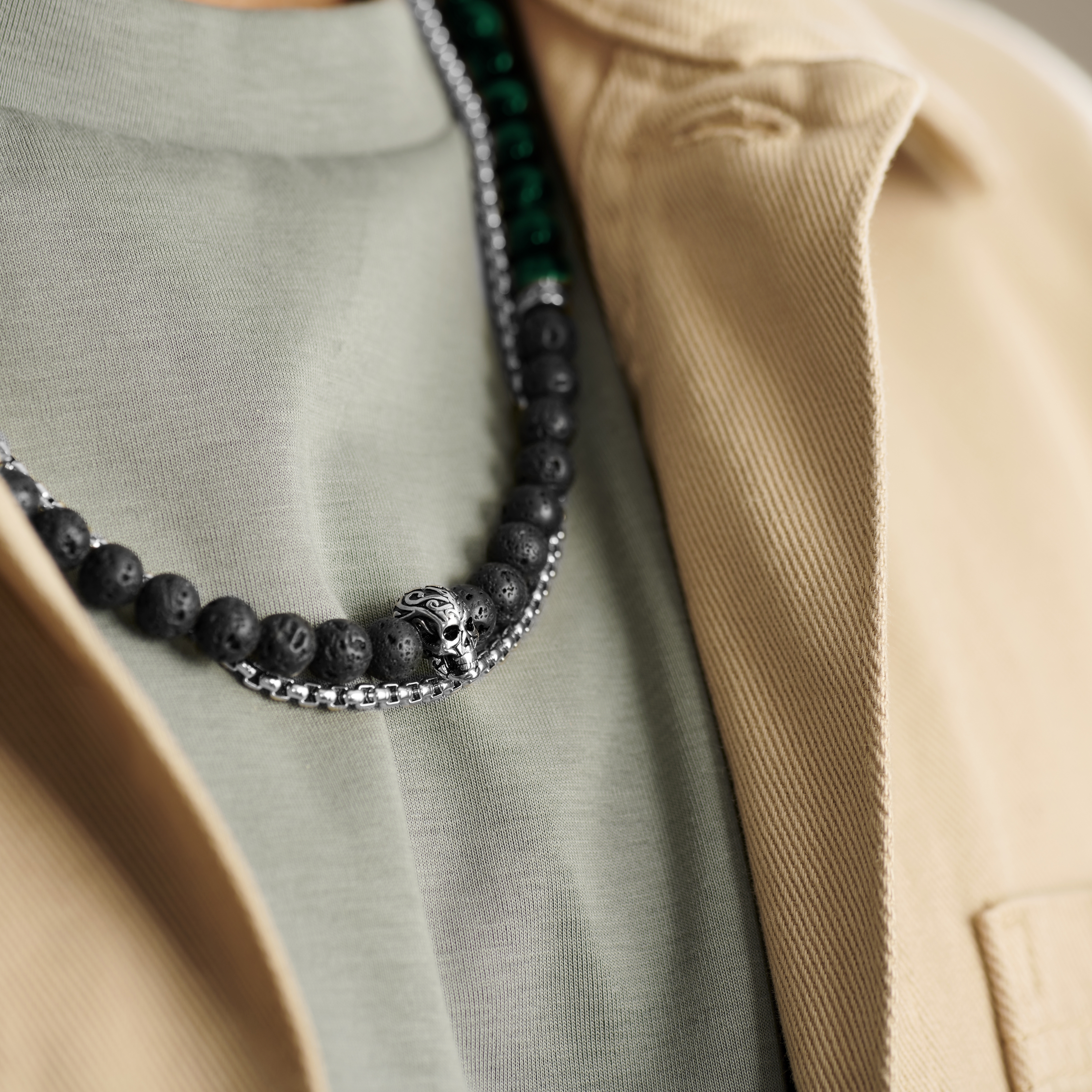 Rico | Silver-Tone Stainless Steel With Lava Rock & Green Tiger's Eye Necklace Set - 3