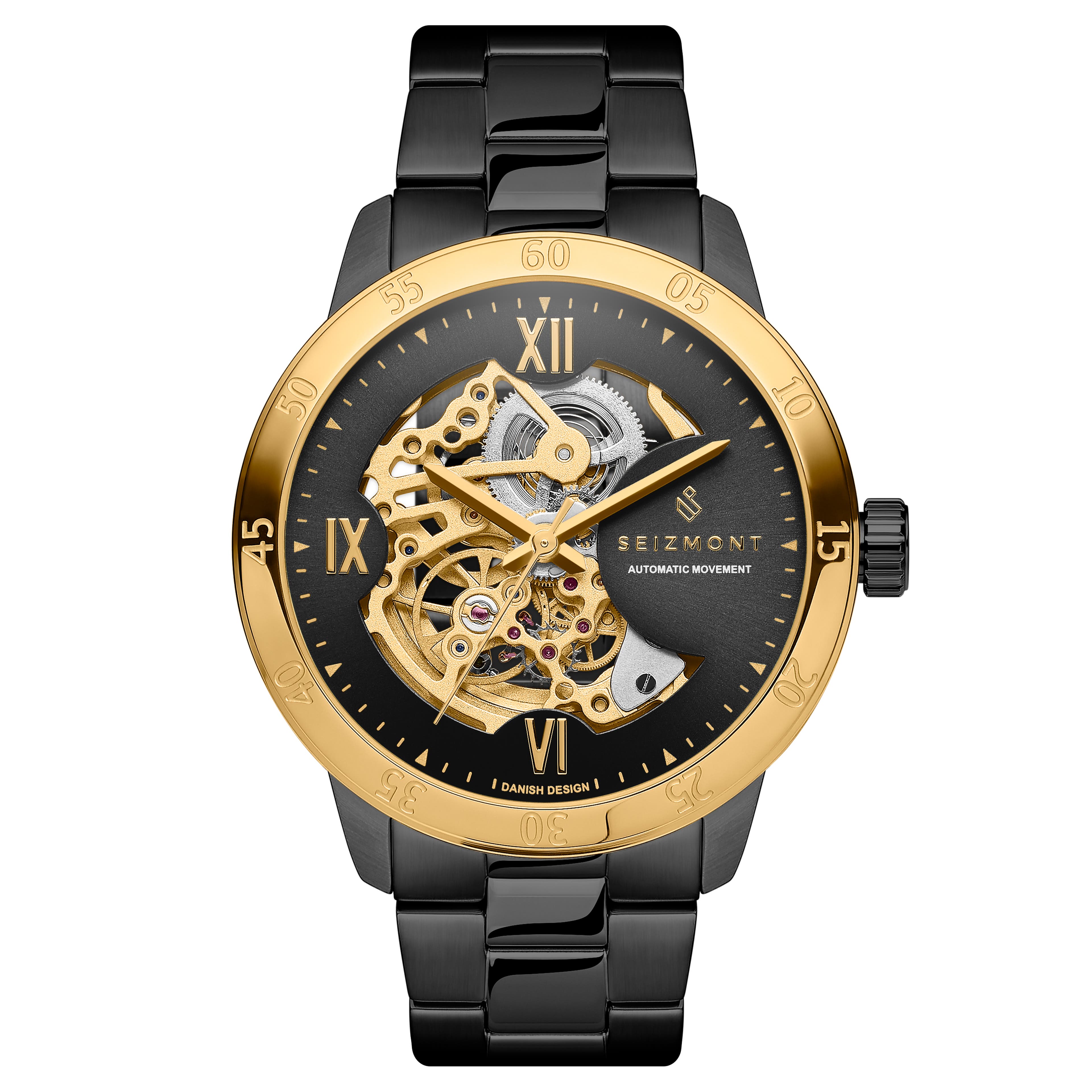 Dante II | Skeletové hodinky v černé a zlaté barvě se strojkem ve zlaté barvě
