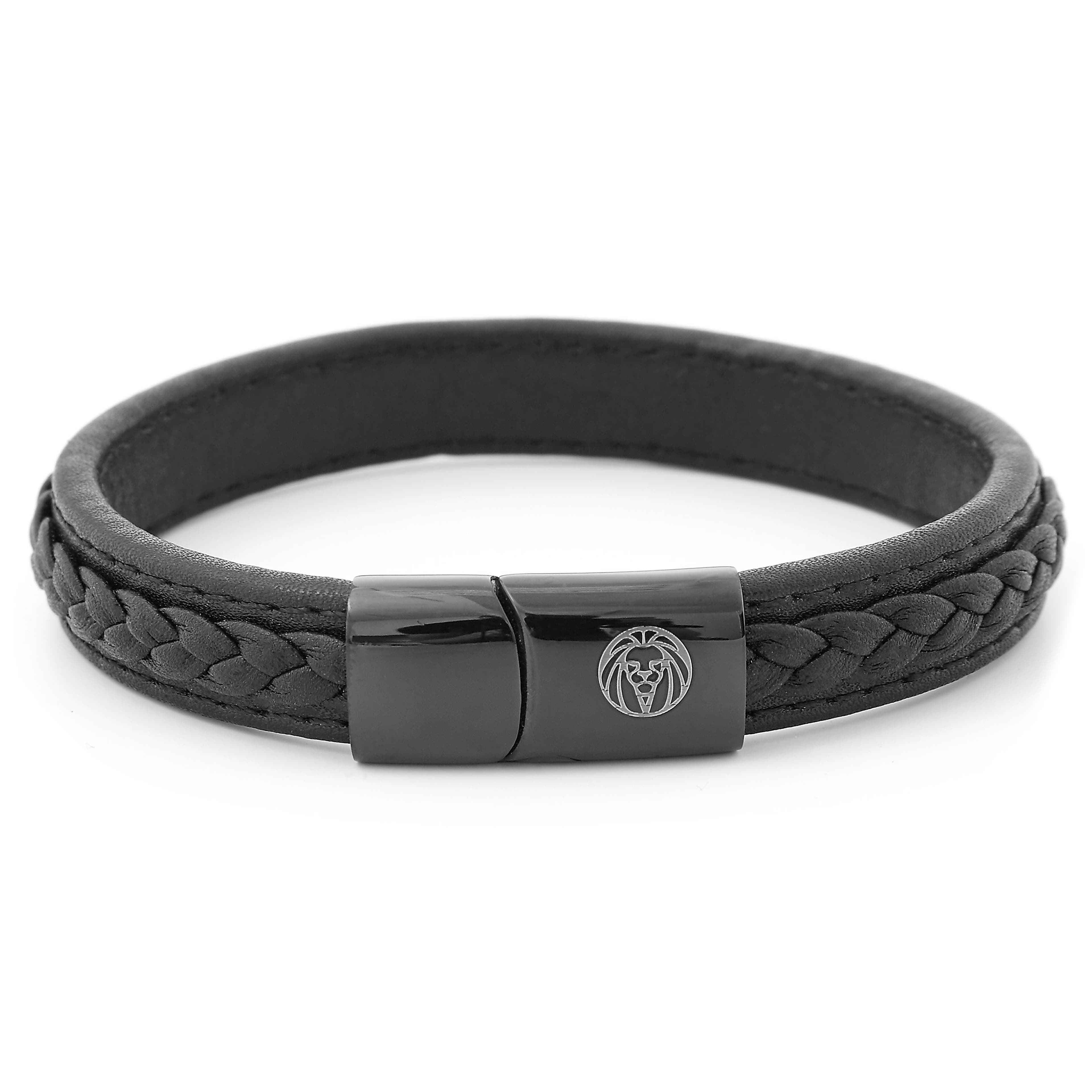 All Black Braided Leather & Stainless Steel Bracelet