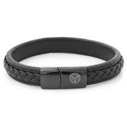 All Black Braided Leather & Stainless Steel Bracelet