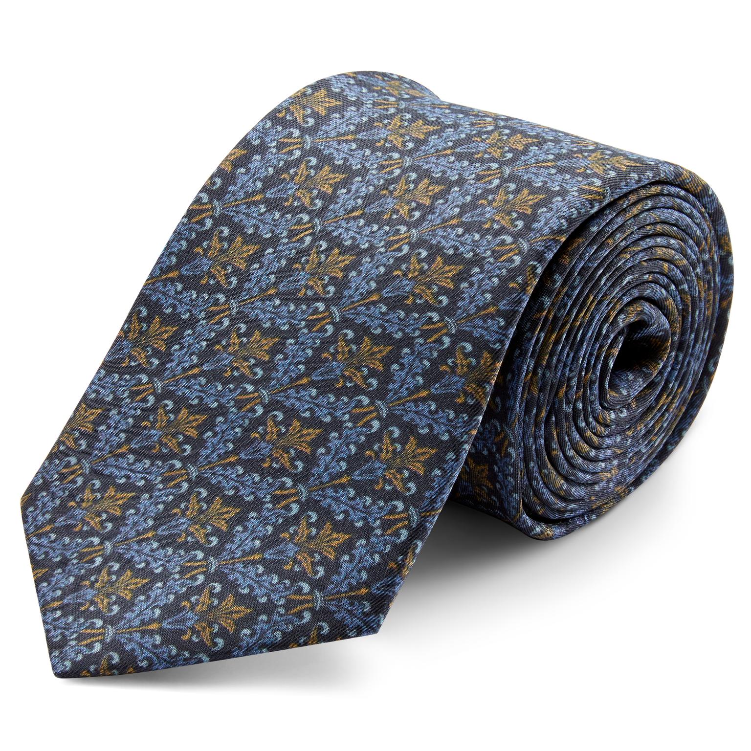 Navy, Light Blue & Orange Patterned Silk Tie Navy, Light Blue & Orange Patterned Silk Tie