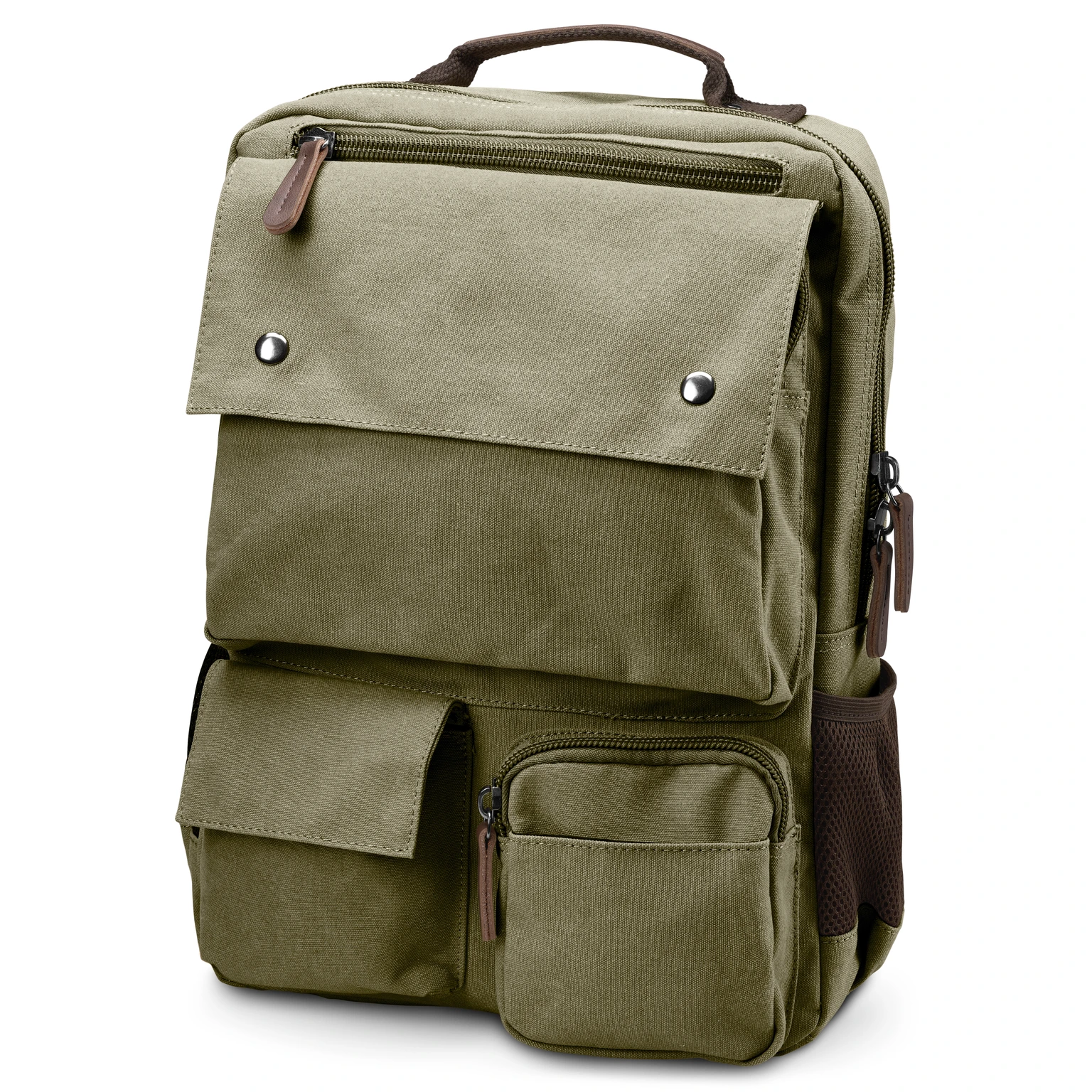 Mochila compacta de lona verde militar y cuero marrón Mochila compacta de lona verde militar y cuero marrón