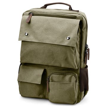 Compacte rugzak van legergroen canvas en bruin leer Compacte rugzak van legergroen canvas en bruin leer