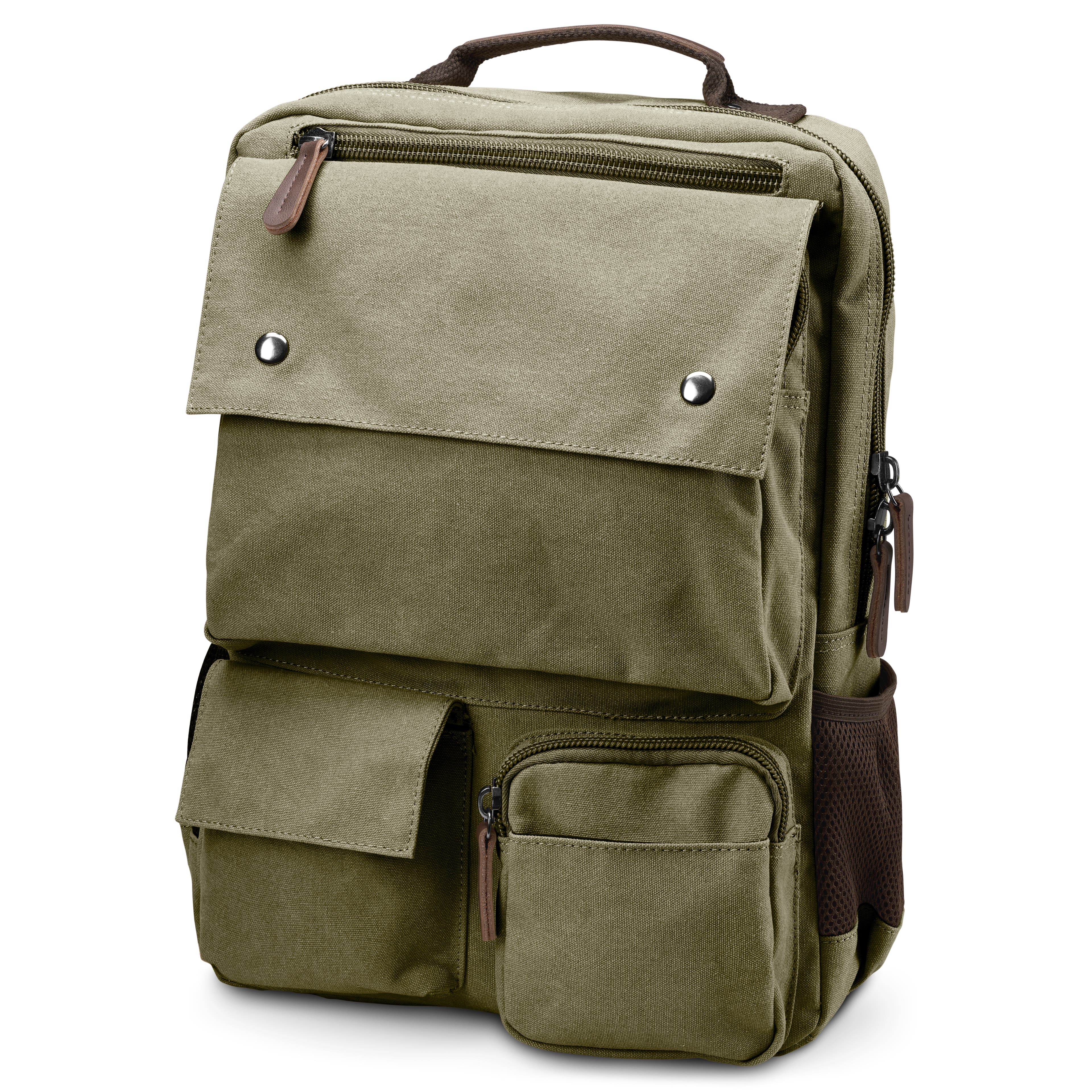 Mochila Compacta em Lona Verde-tropa e Pele Castanha Mochila Compacta em Lona Verde-tropa e Pele Castanha