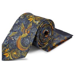 Син копринен комплект вратовръзка и кърпичка за сако