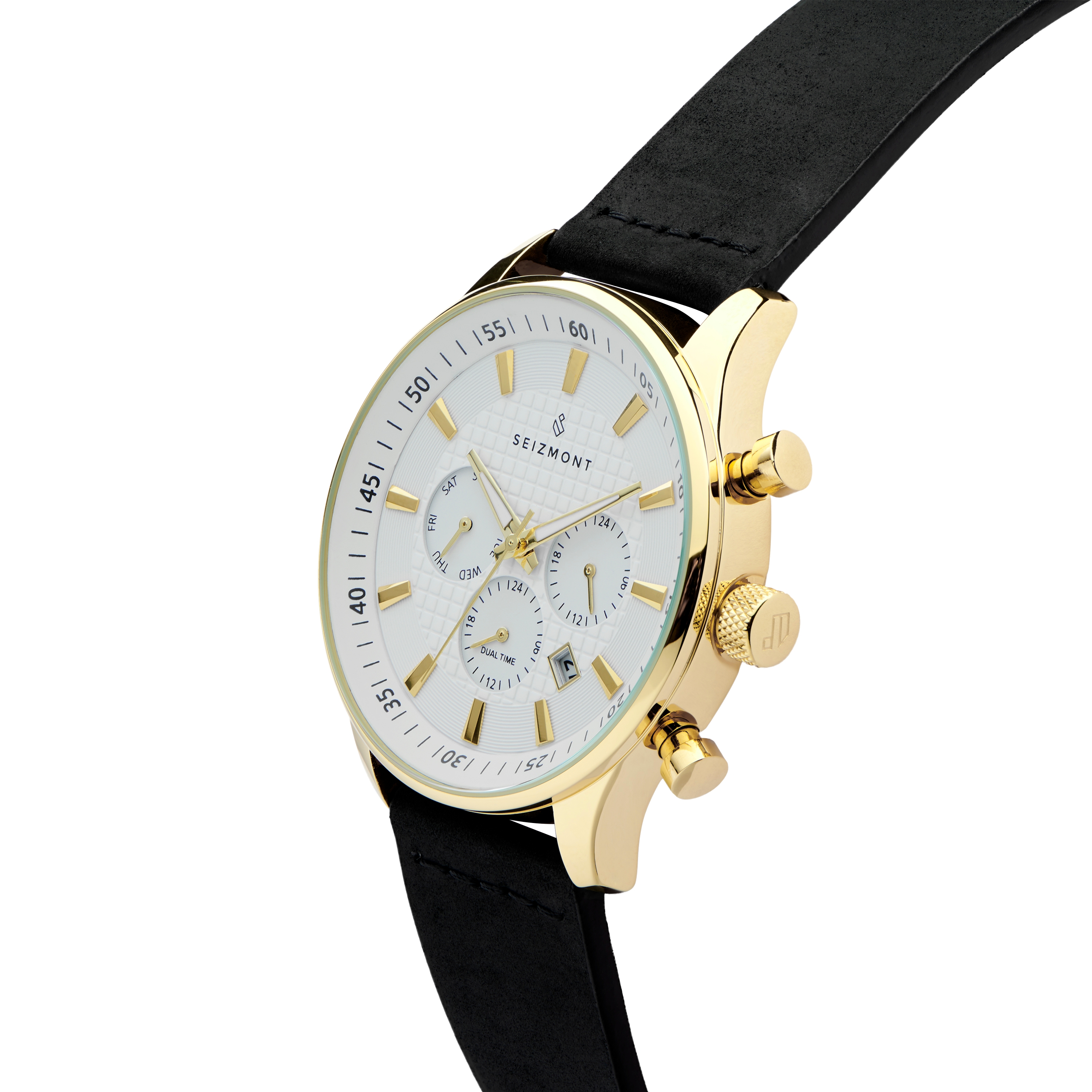 Troika | Gold-Tone Dual-Time Watch With White Dial & Black Leather Strap - 2