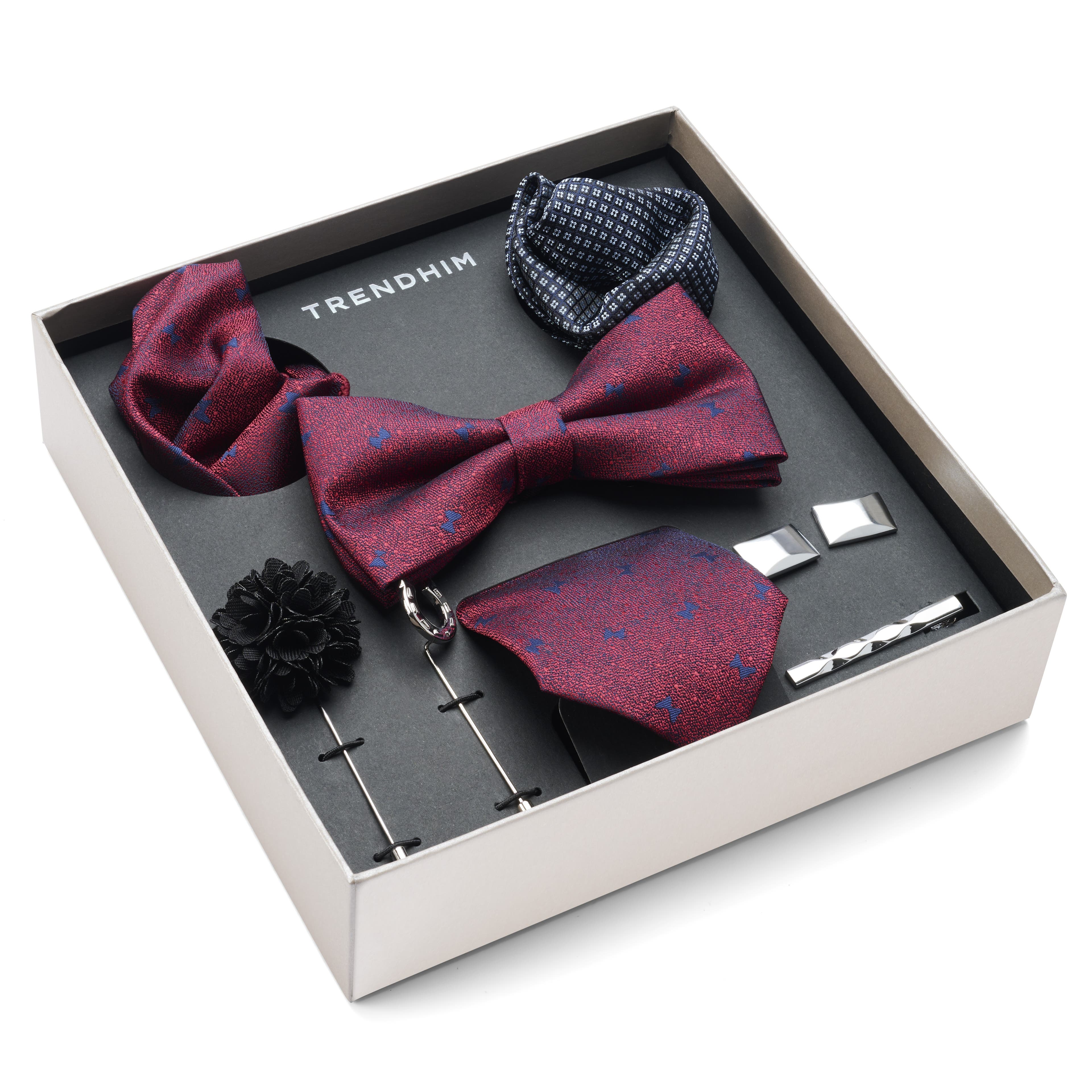 Suit Accessory Gift Box | Crimson & Royal Blue Bow Motif Set