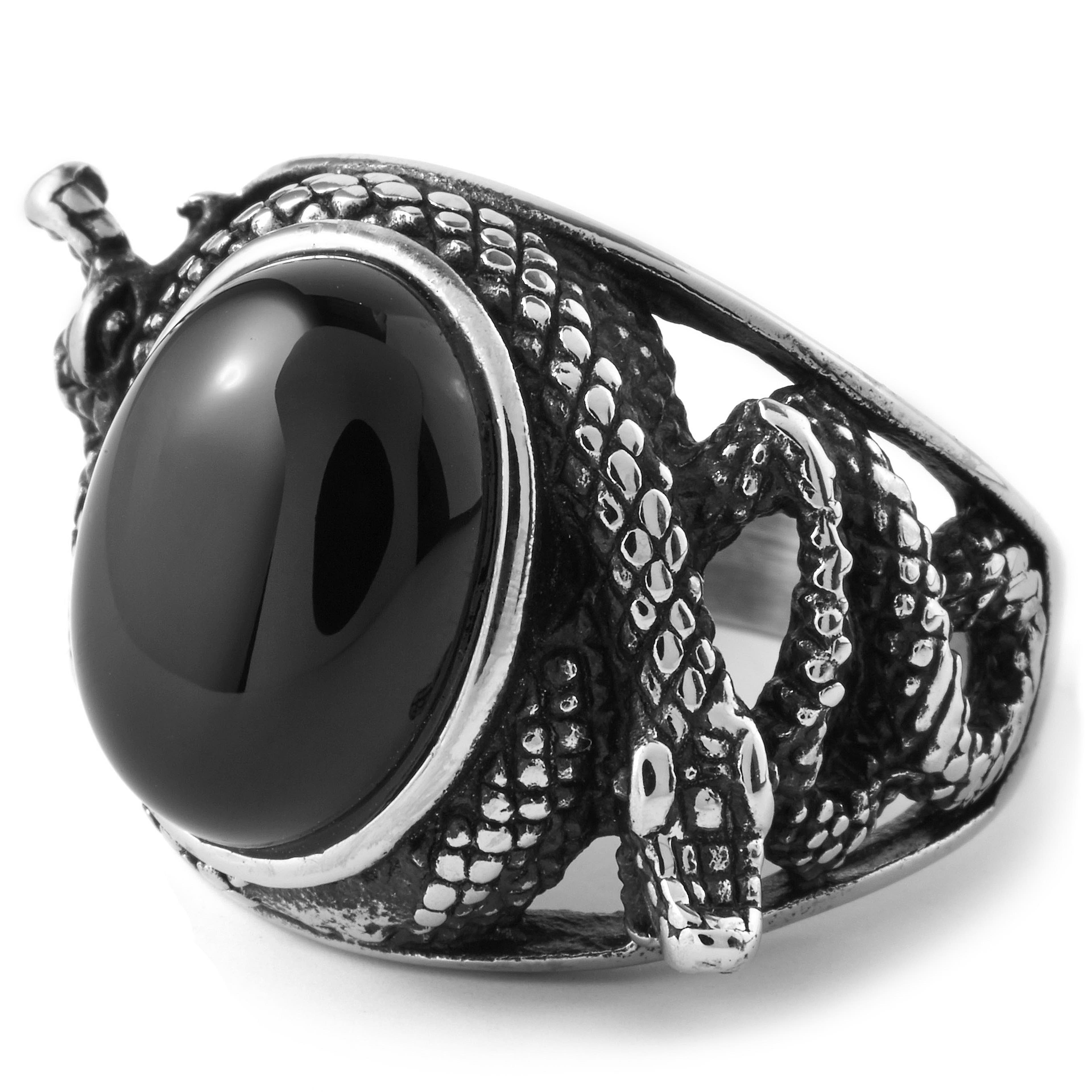 Silver-Tone Stainless Steel Snake & Black Stone Ring