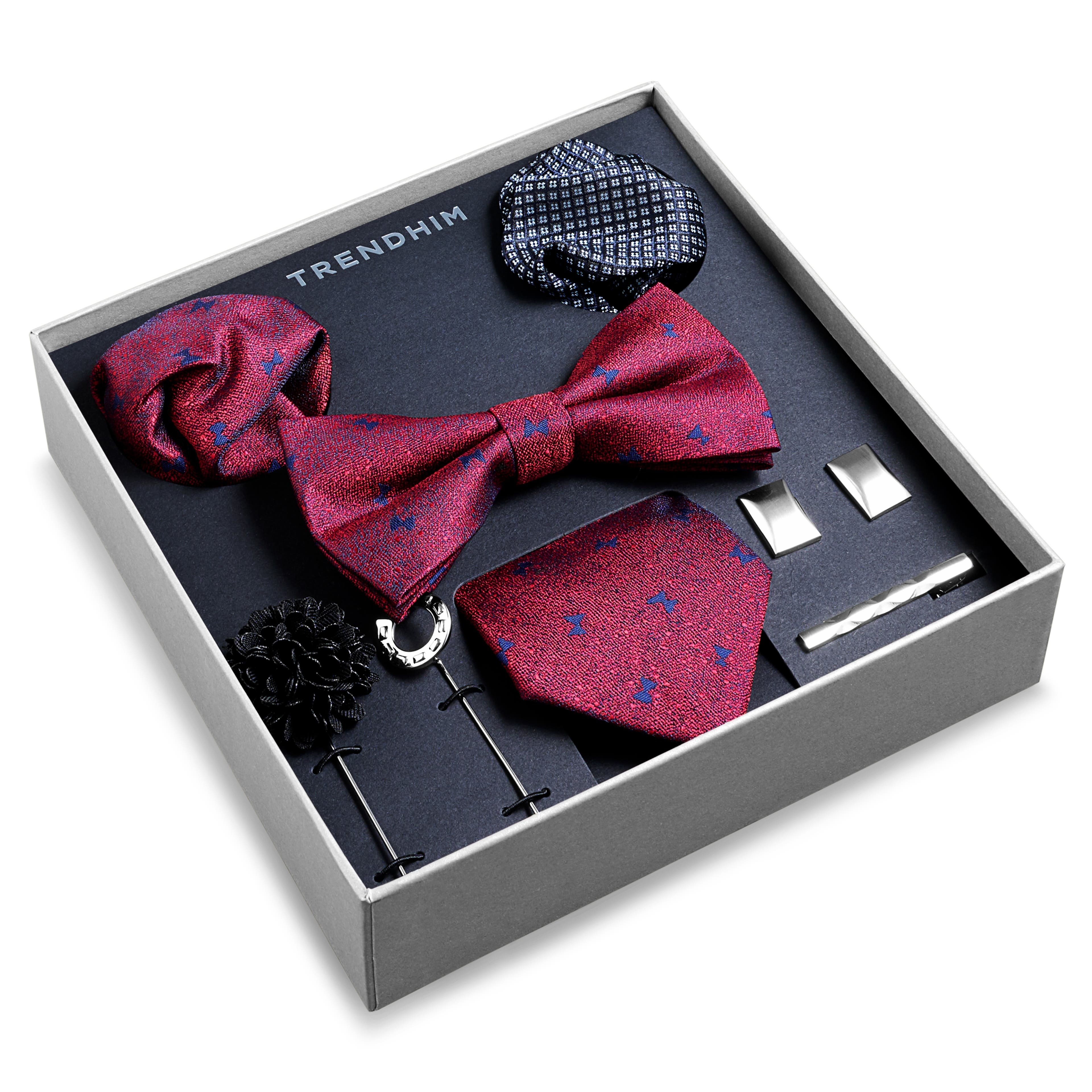Cutie cadou cu accesorii pentru costum | Set cu roșu & albastru regal și imprimeu cu fundițe
