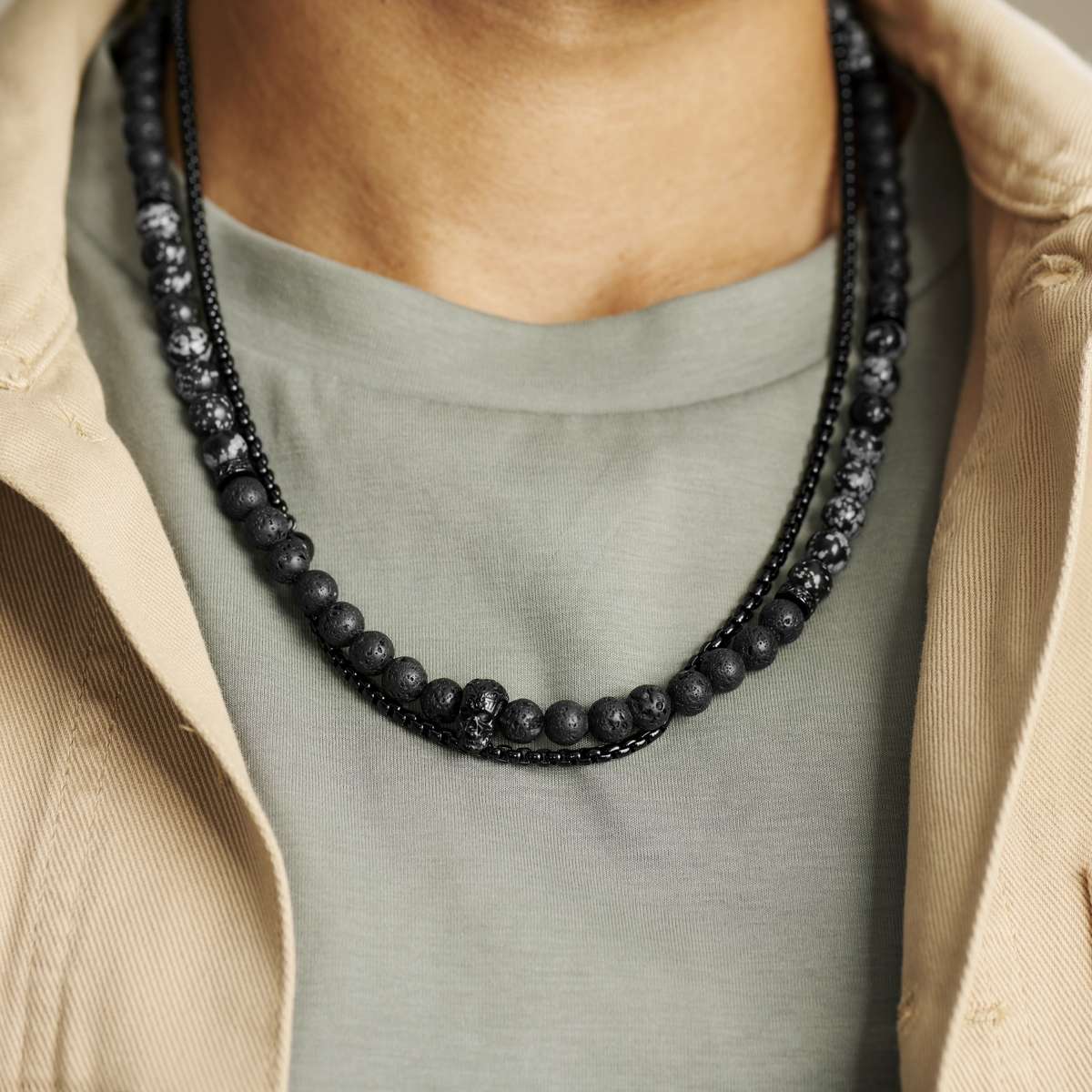 Rico | Black Stainless Steel Box Chain & Lava Rock/Snowflake Obsidian ...