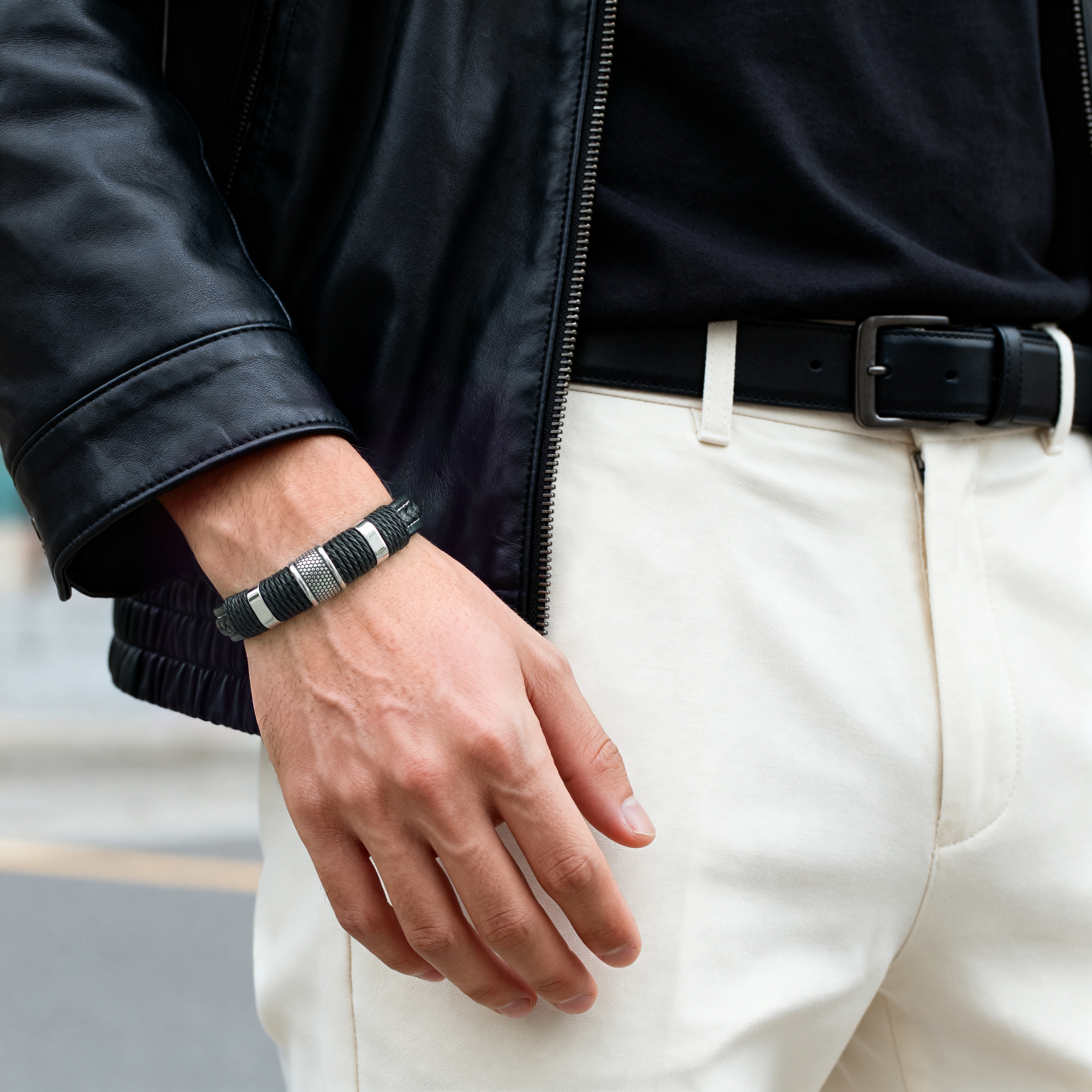 Black Leather & Silver-Tone Stainless Steel Icon Bracelet - 5