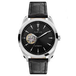 Fenes | Silver-Tone Open-heart Skeleton Watch With Black Dial & Black Leather Strap
