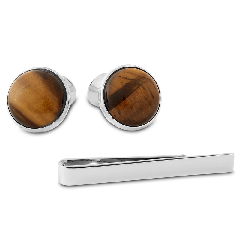 Set de pince à cravate et de boutons de manchette argentés avec œil de tigre Set de pince à cravate et de boutons de manchette argentés avec œil de tigre