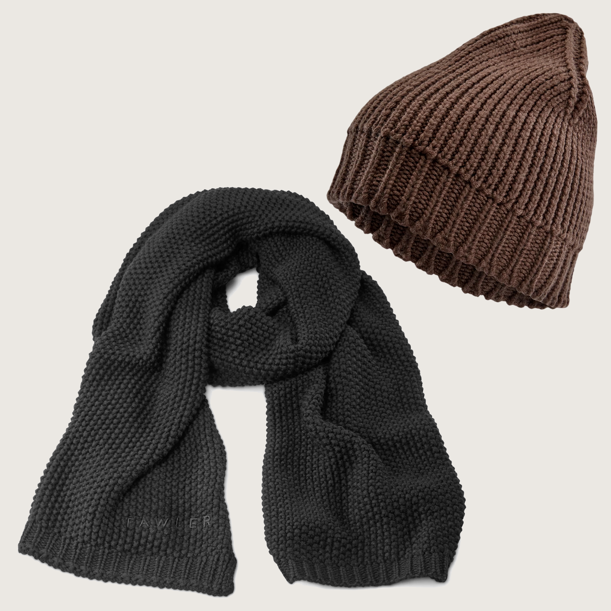 Black Merino Wool Mix Textured Scarf & Brown Merino Wool Mix