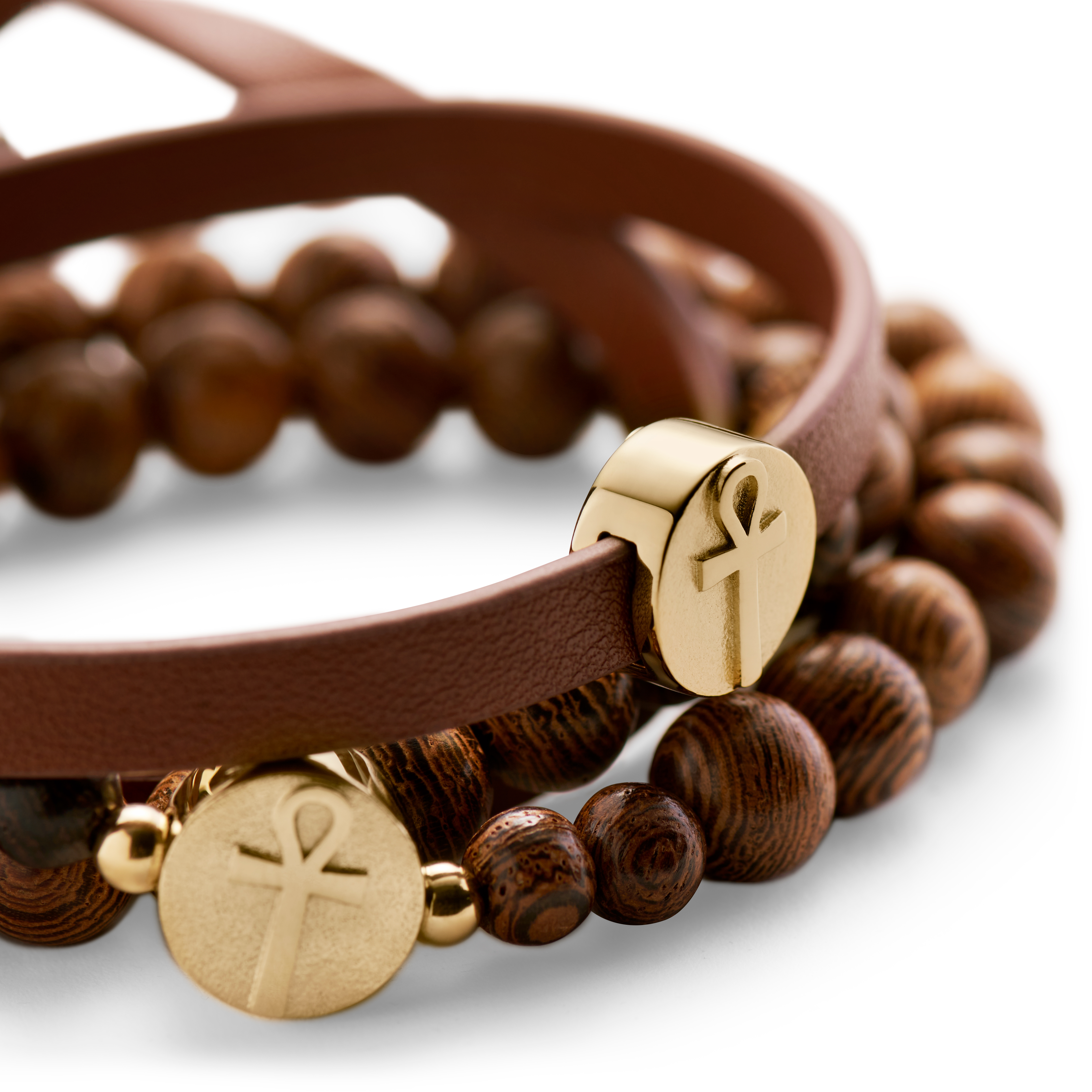 Juego de pulseras Ankh en dorado y marrón - 8