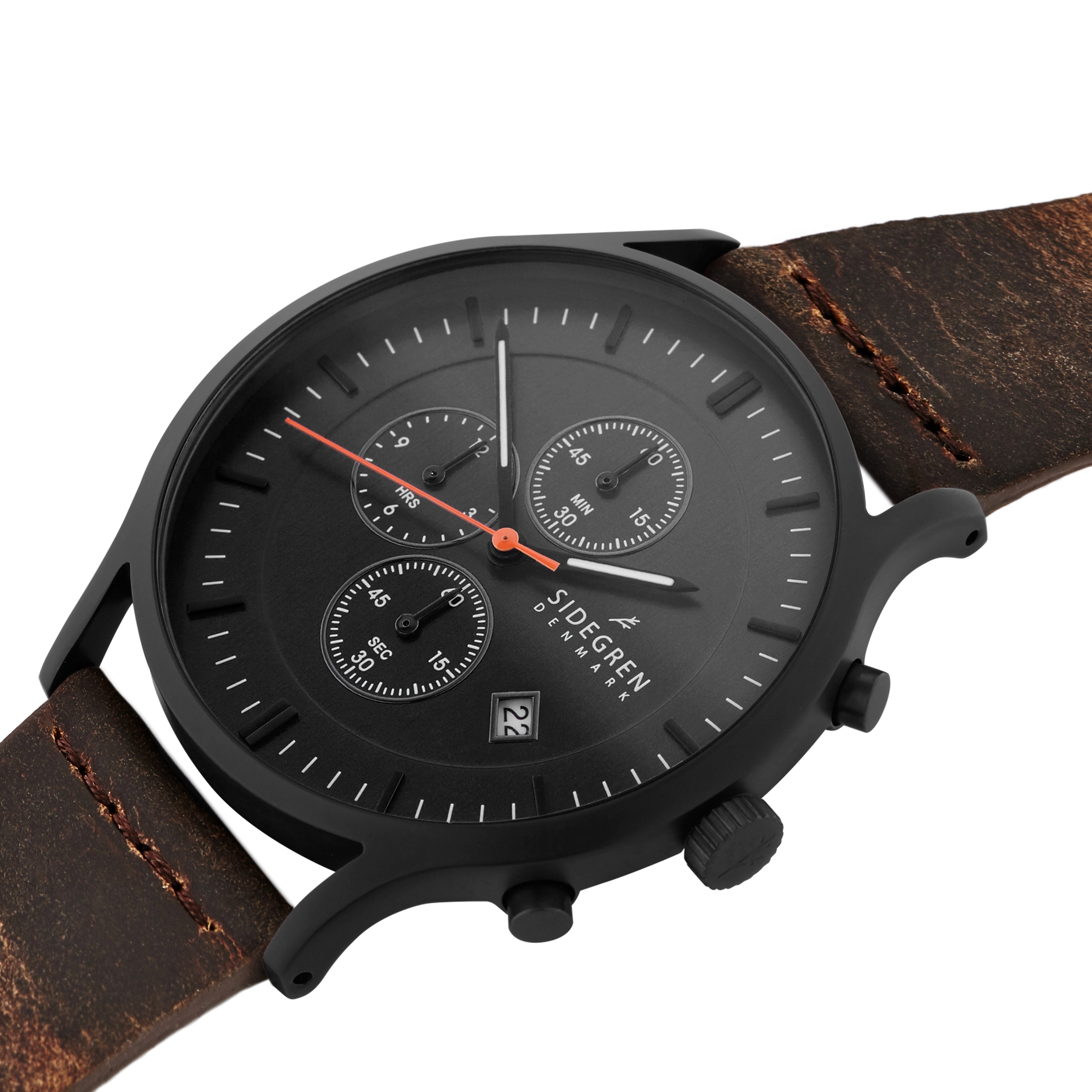 Revil | Black Chronograph Watch With Black Dial & Chocolate Brown Leather Strap - 2