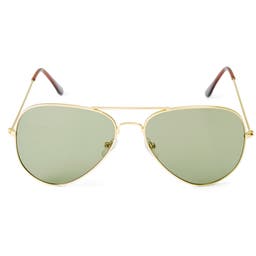 Gold-Tone & Green Aviator Sunglasses
