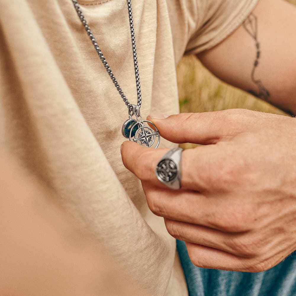 hover: Atlas | Silver-tone Compass and Azurmalachite Pendant Necklace hover: Atlas | Silver-tone Compass and Azurmalachite Pendant Necklace