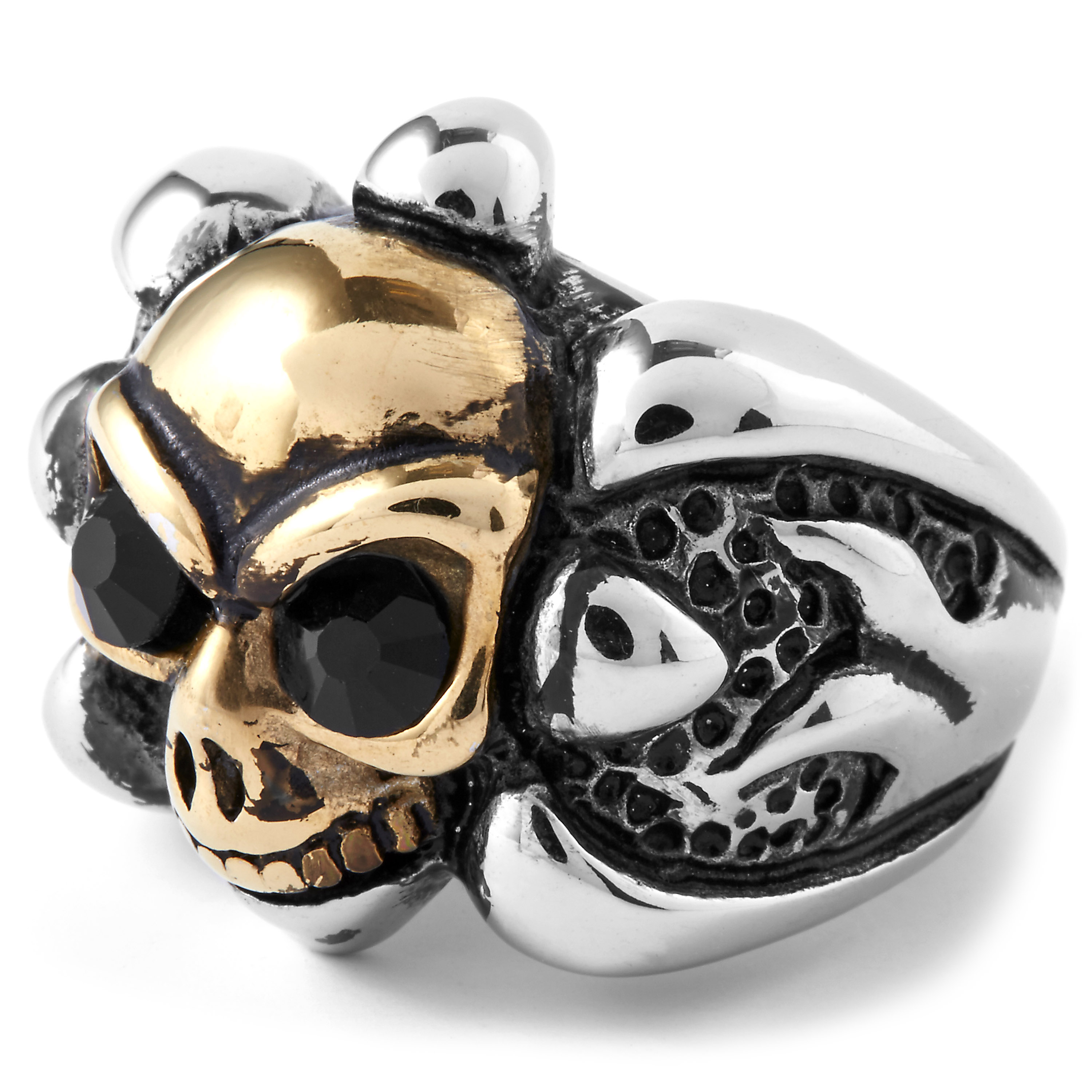 Anello a forma di teschio color acciaio e oro - 1