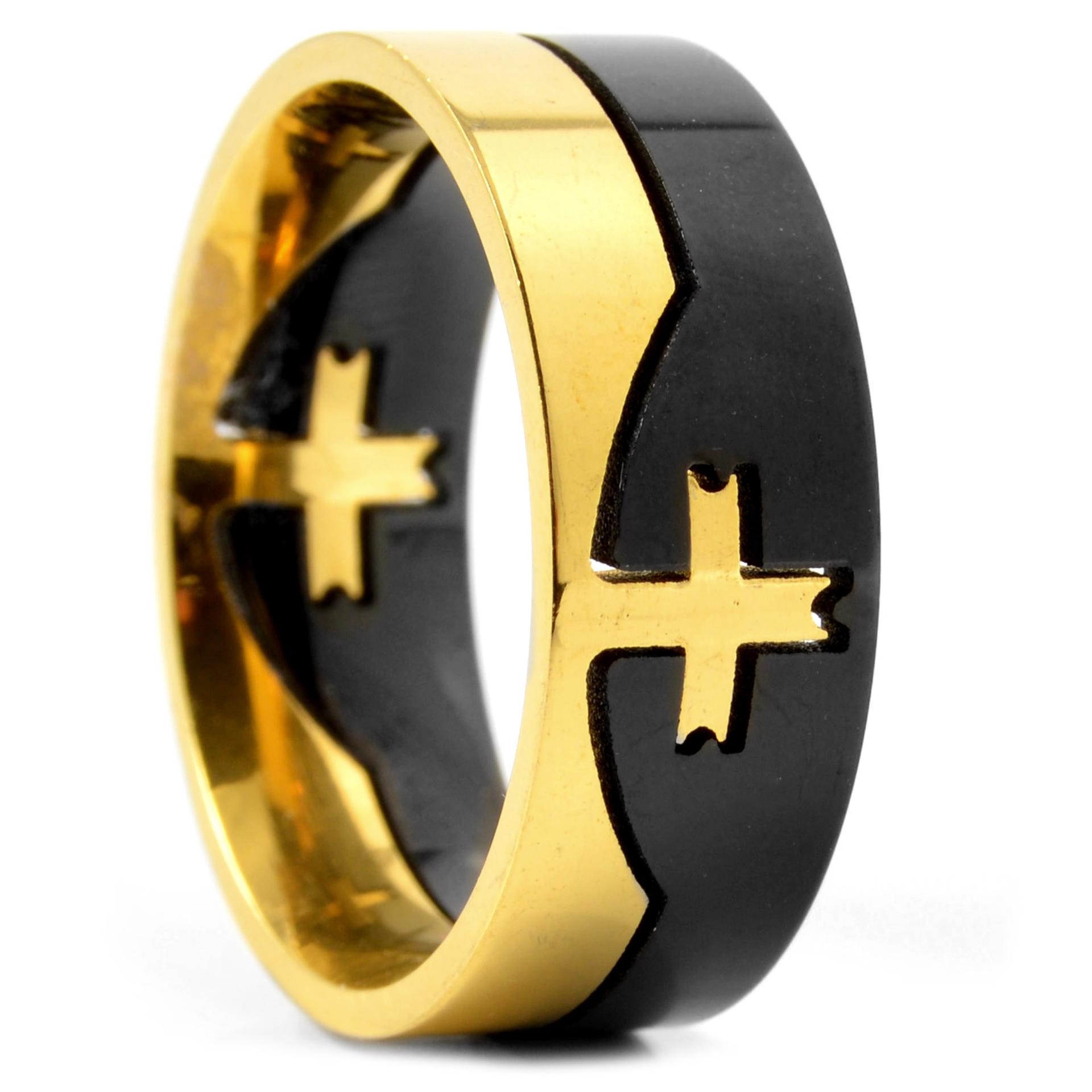 Black & Gold-Tone Cross Steel Ring | In stock! | Fort Tempus