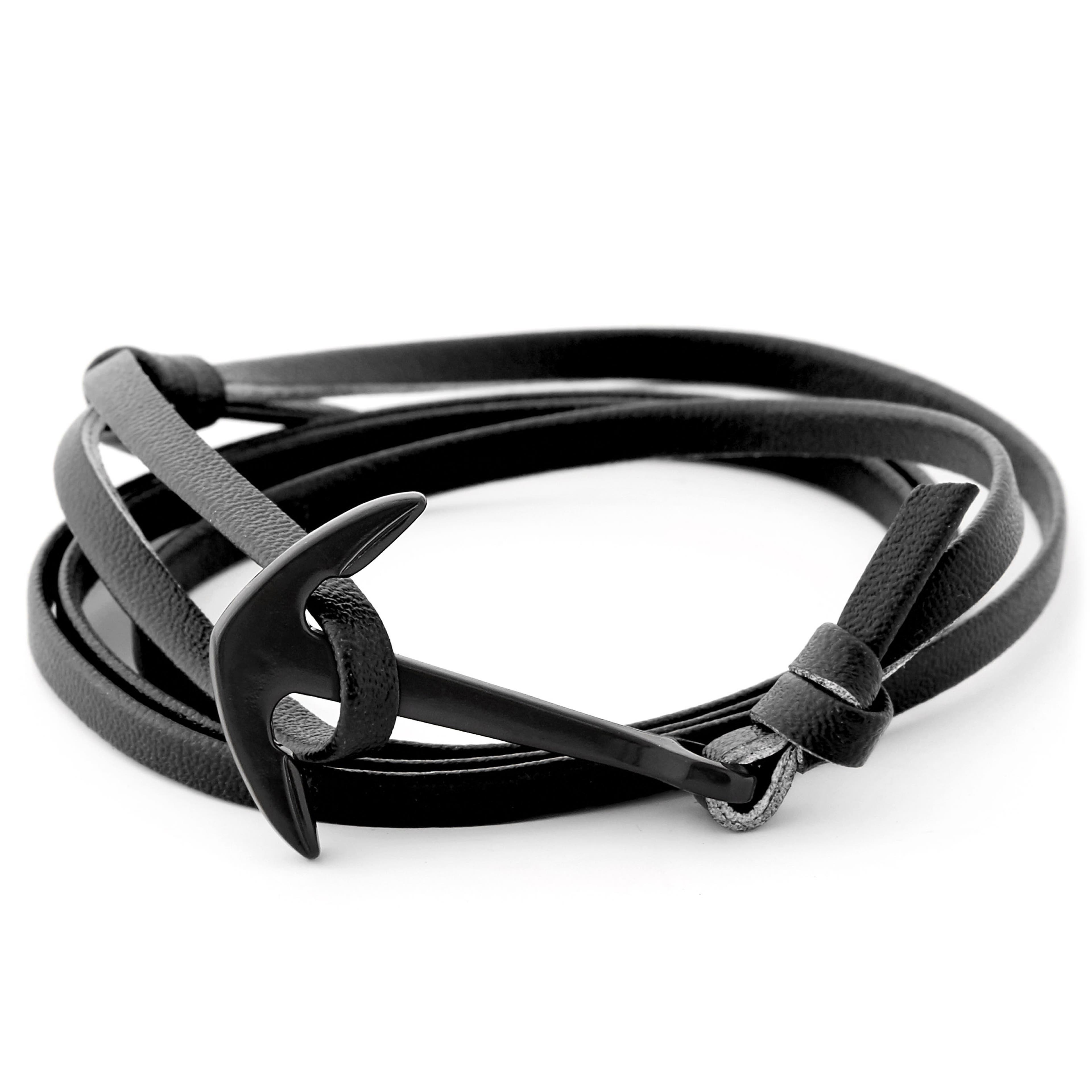 Black Faux Leather Strap Wrap Anchor Bracelet
